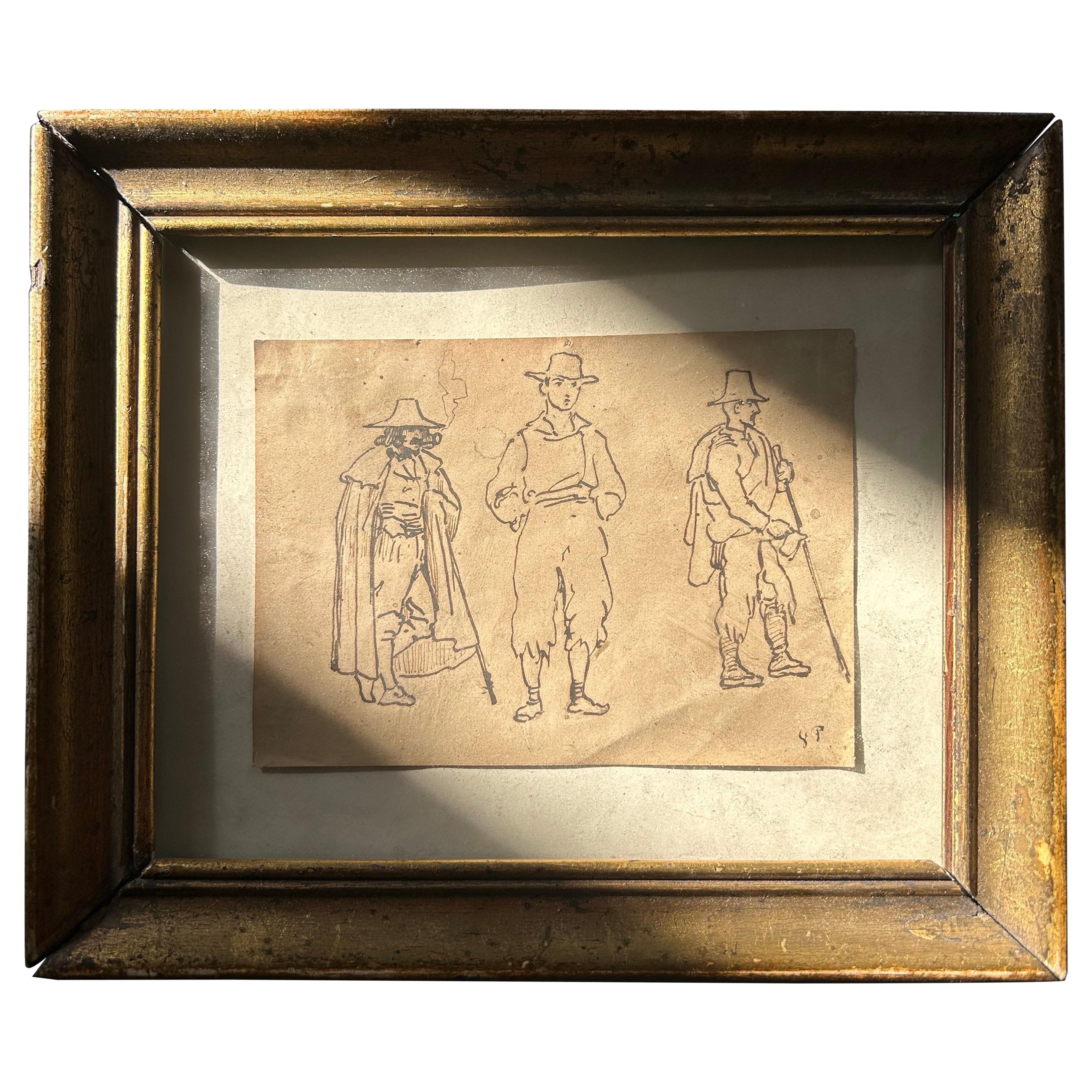 Vilhelm Pedersen (1820-1859) : Dessin à la plume de trois hommes, Italie, vers 1840