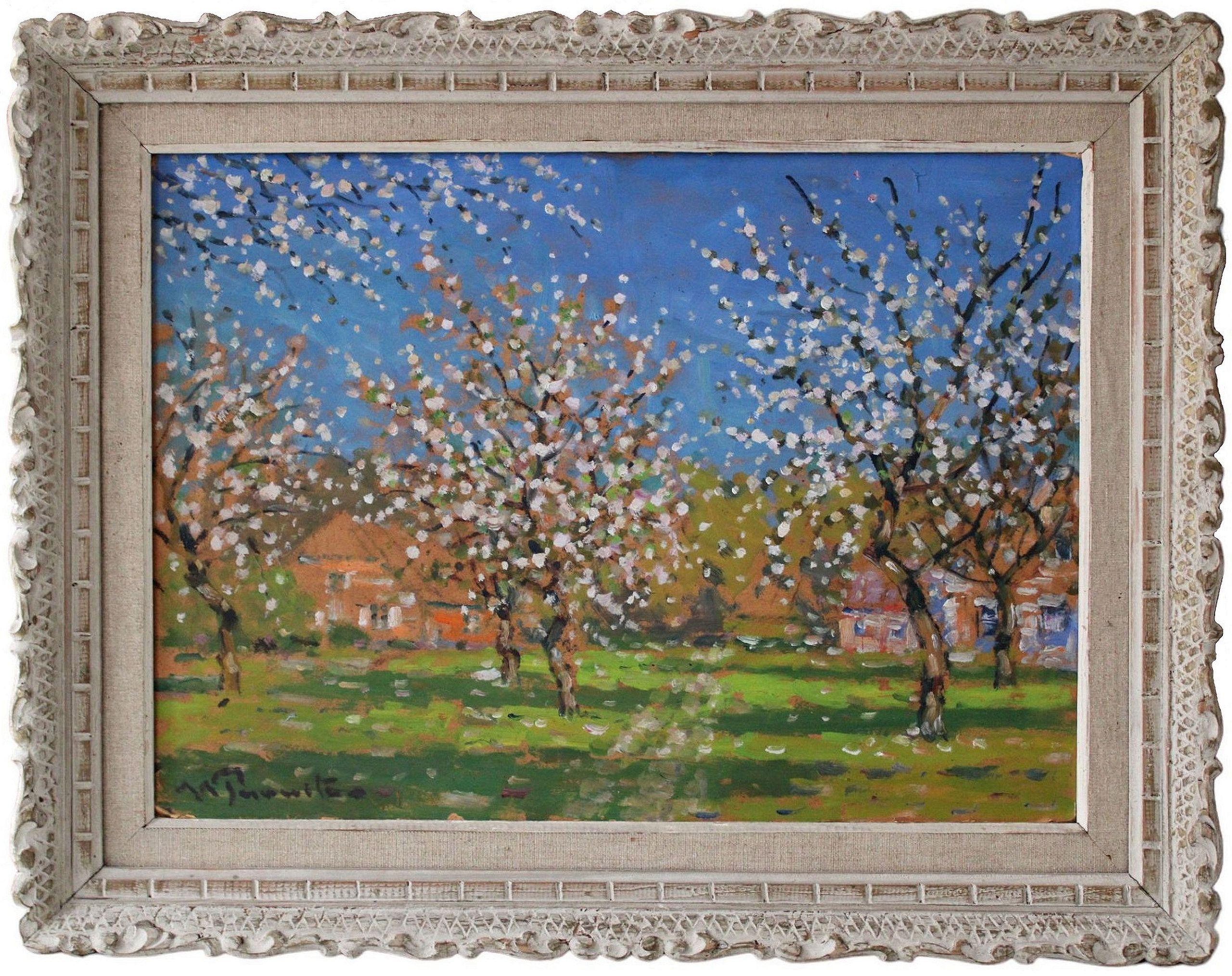 Blossoming apple trees. Cardboard, oil, 51.5x72 cm - Impressionist Painting by Vilhelms Purvitis