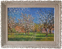 Blossoming apple trees. Cardboard, oil, 51.5x72 cm