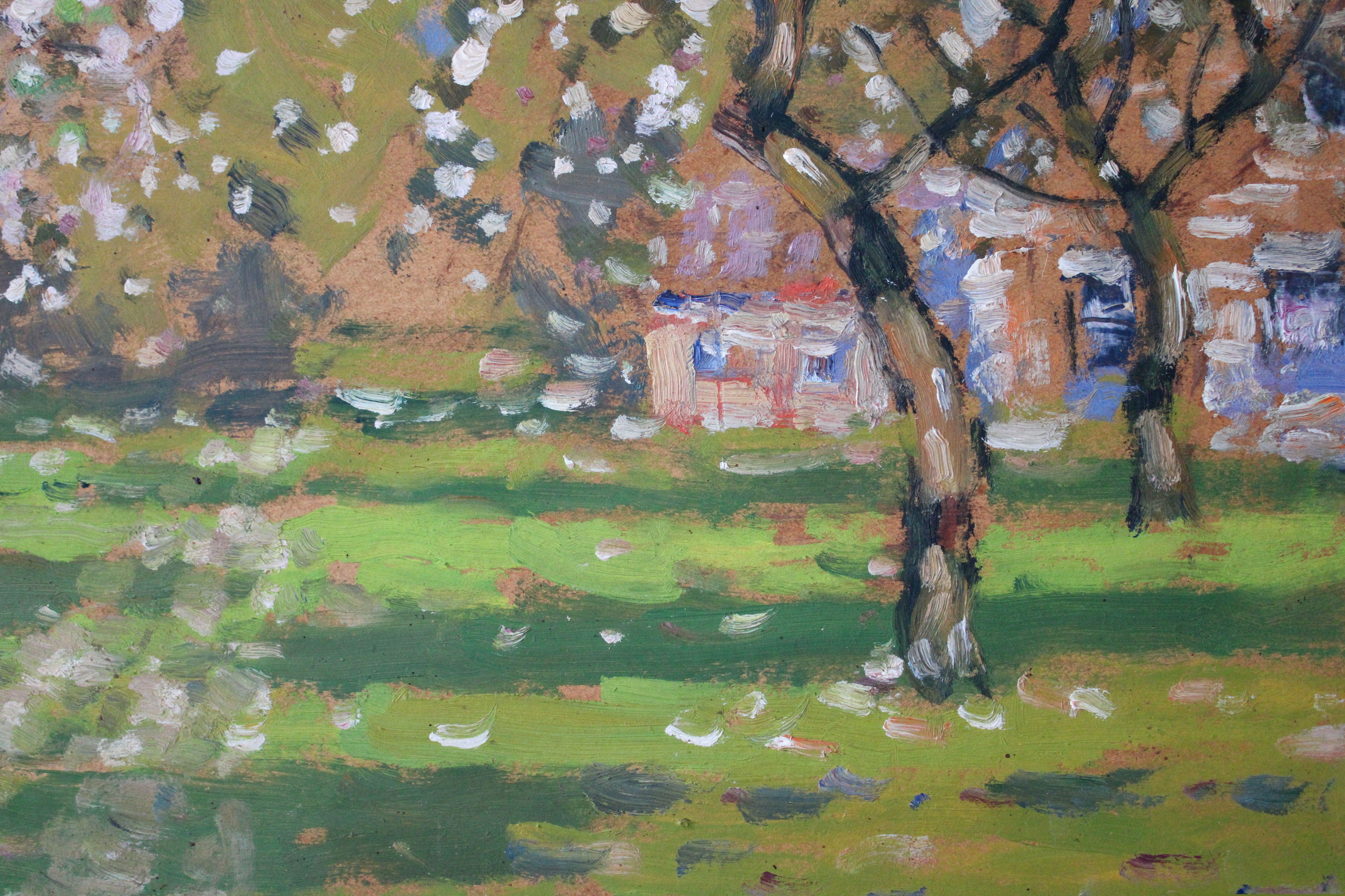 Blossoming apple trees. Cardboard, oil, 51.5x72 cm For Sale 1