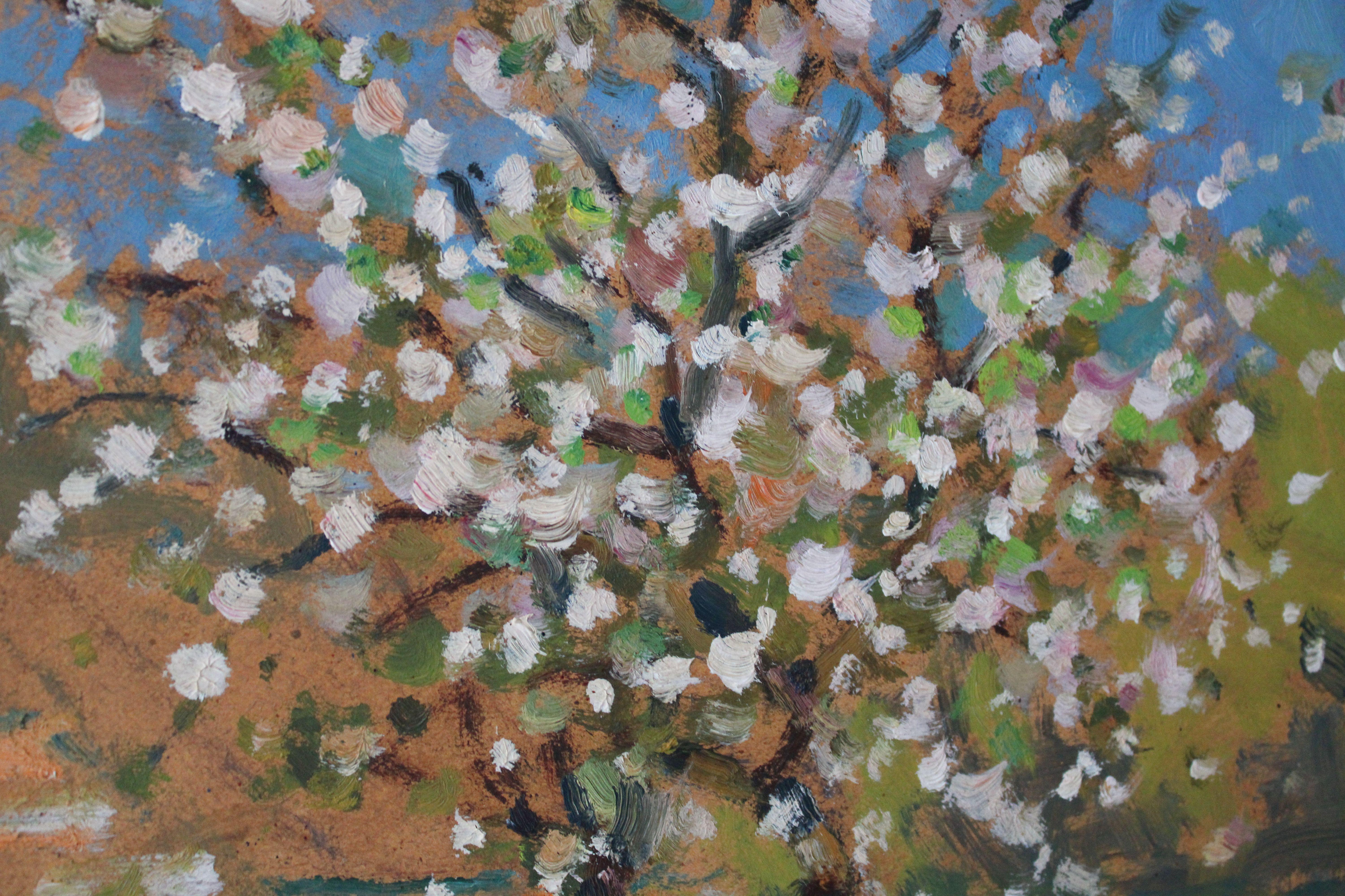 Blossoming apple trees. Cardboard, oil, 51.5x72 cm For Sale 3