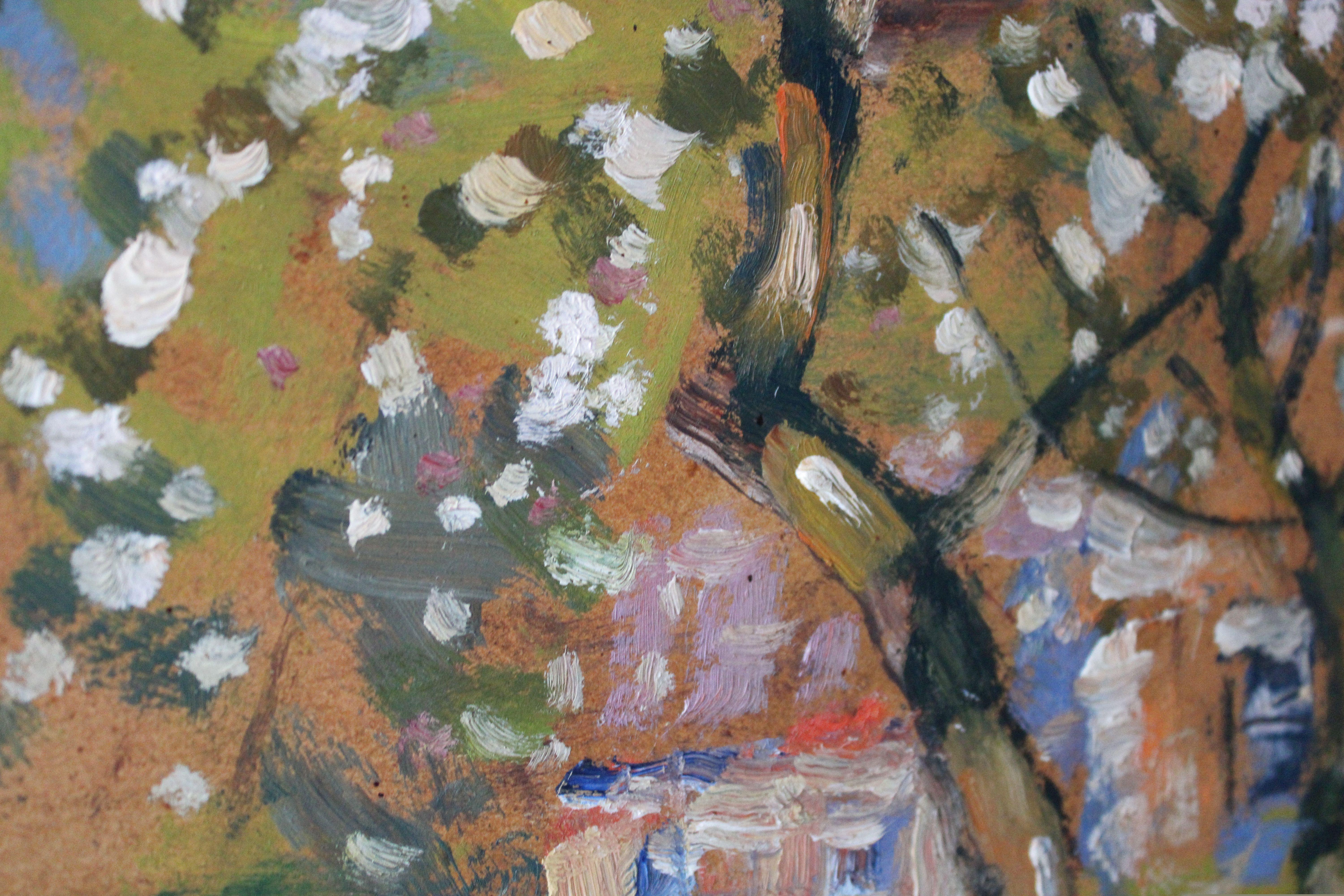Blossoming apple trees. Cardboard, oil, 51.5x72 cm For Sale 4