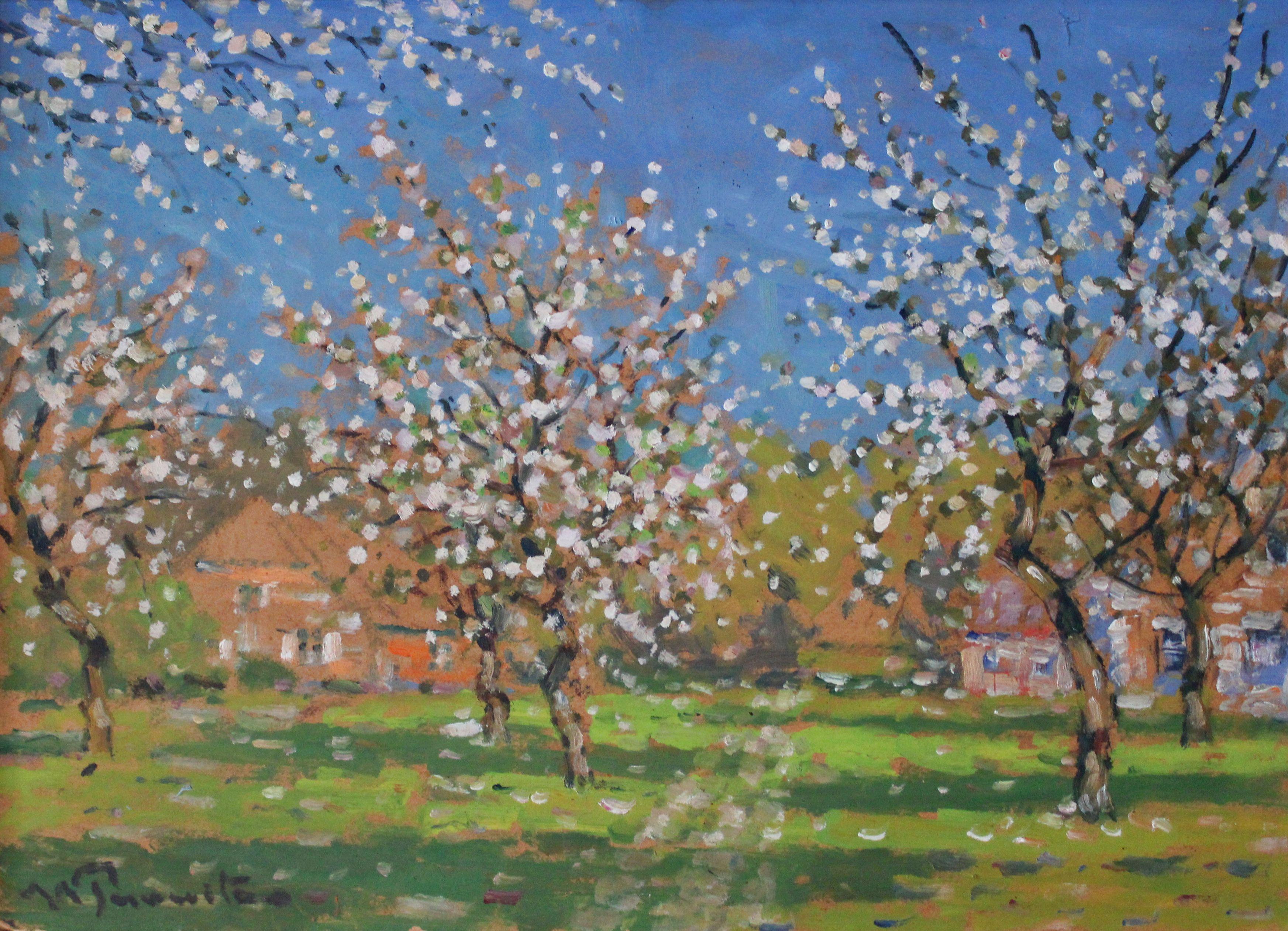 Blossoming apple trees. Cardboard, oil, 51.5x72 cm