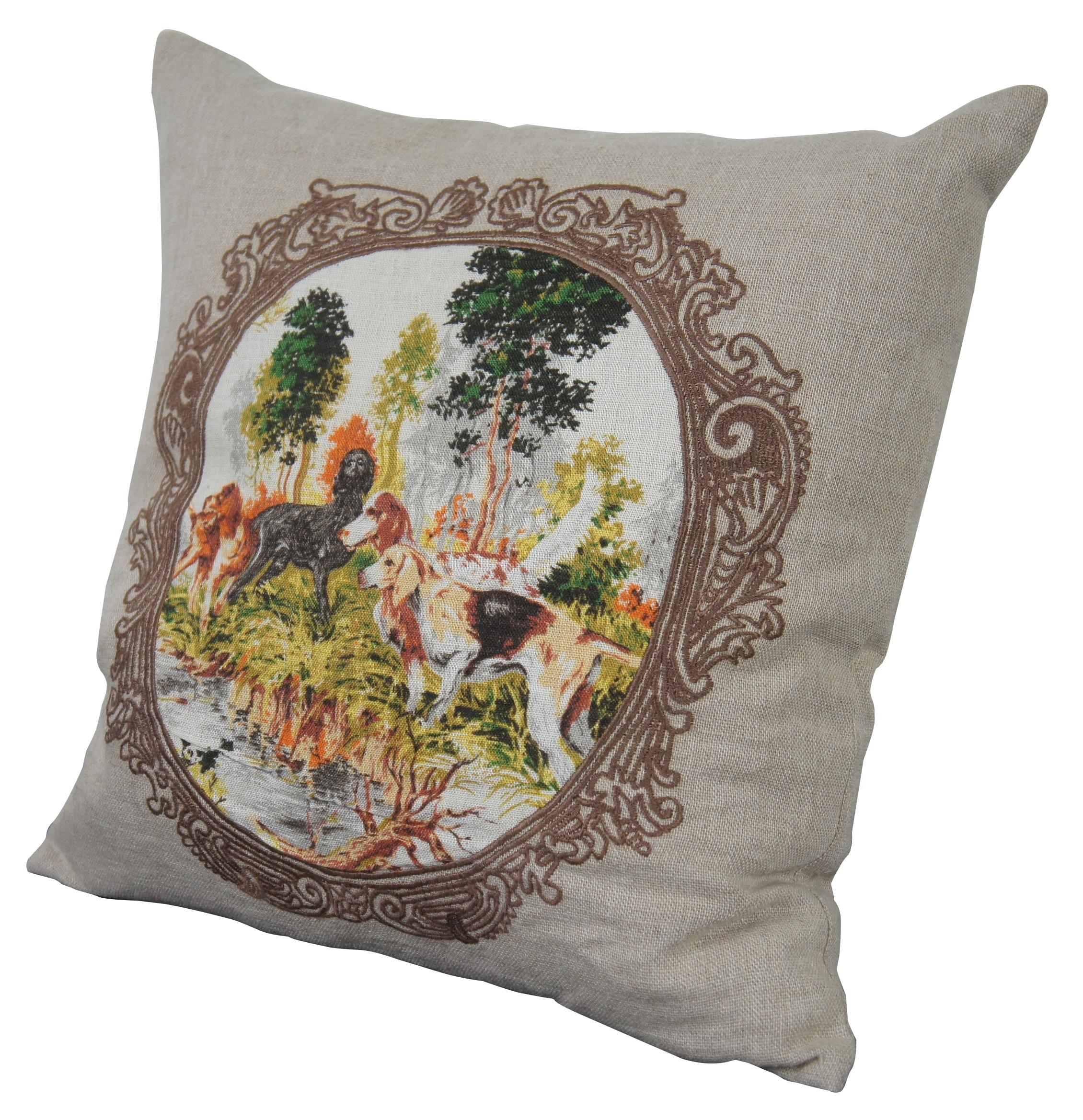 Linen down filled throw pillow by Villa featuring a printed hunting dog scene surrounded by an embroidered frame.
 