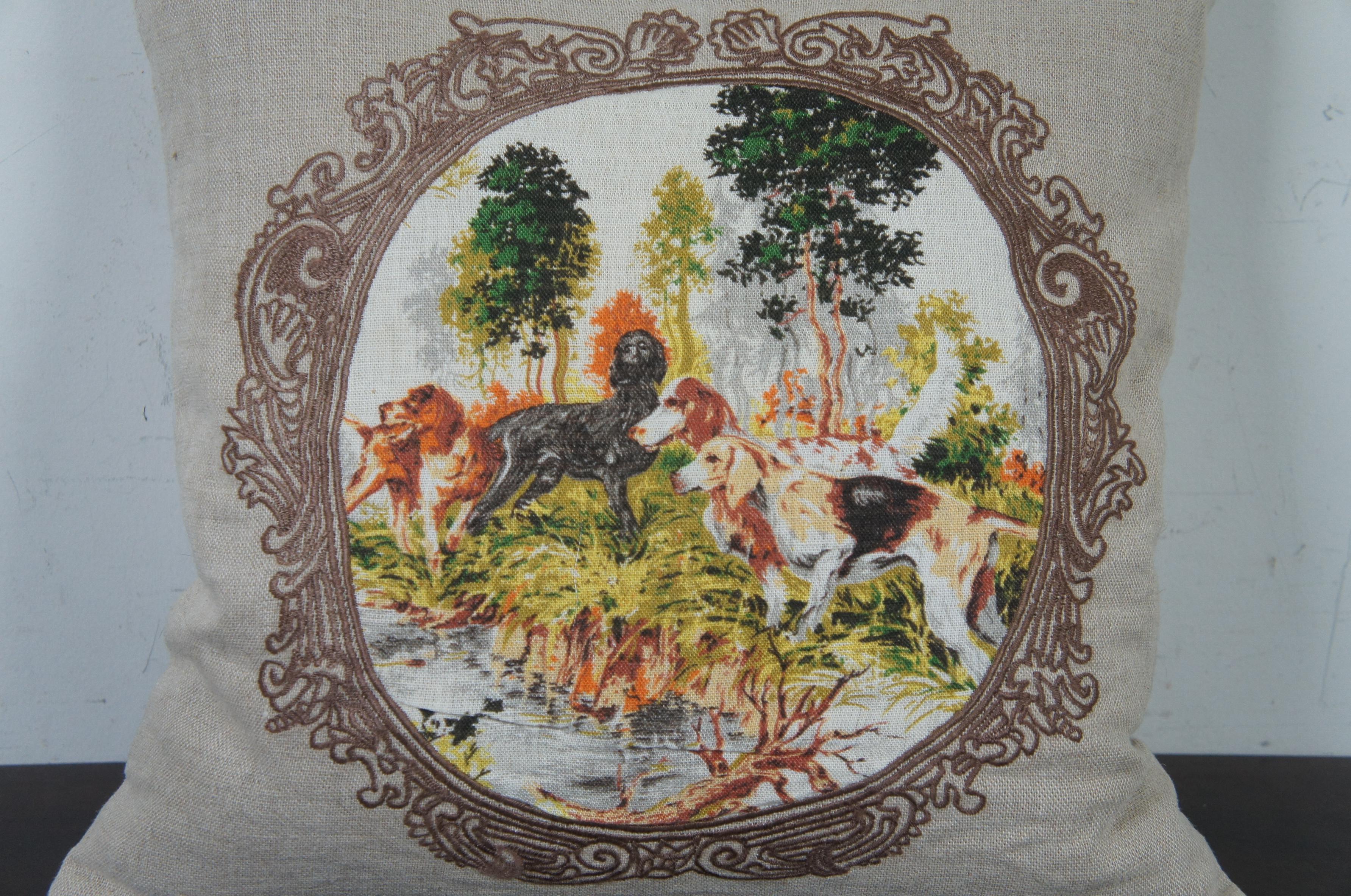 Villa Aubusson Style Embroidered Linen Down Throw Pillow Print Hunting Dogs 1