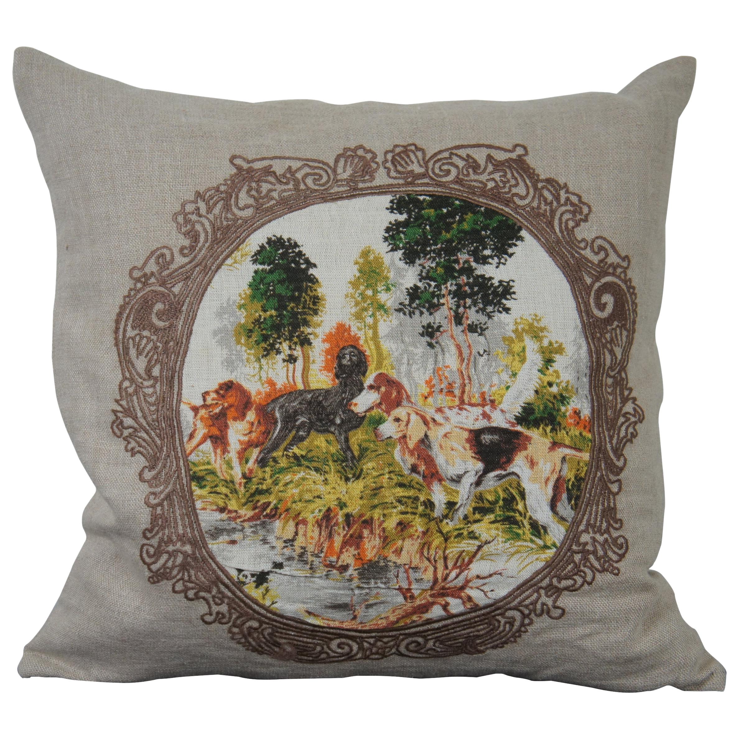 Villa Aubusson Style Embroidered Linen Down Throw Pillow Print Hunting Dogs