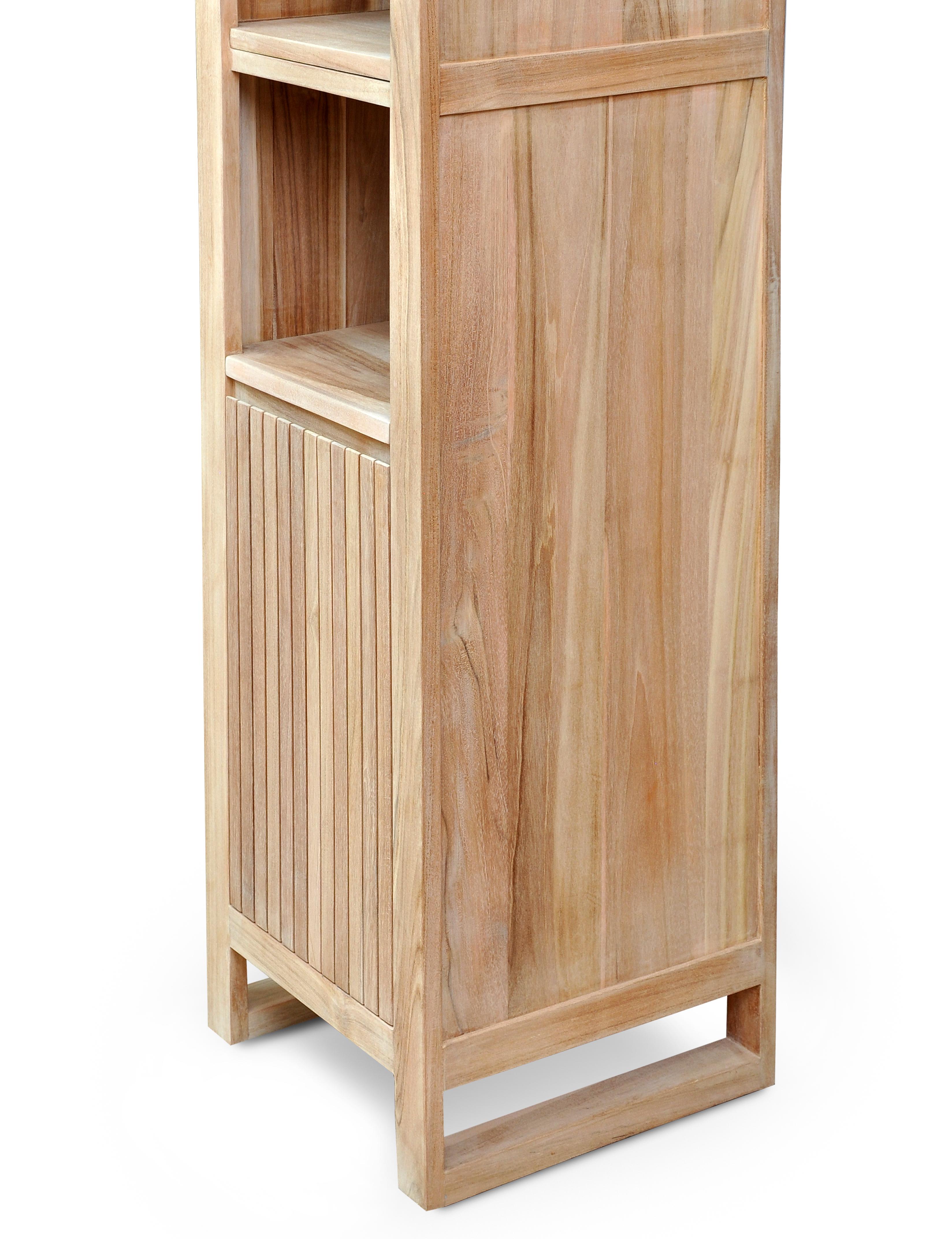 Bring the feeling of a spa to your own home with this beautiful, sustainably sourced teak column with vertical wood detail for your bathroom storage. Improve your life by bringing a sense of calm and organization to your space. The two doors are