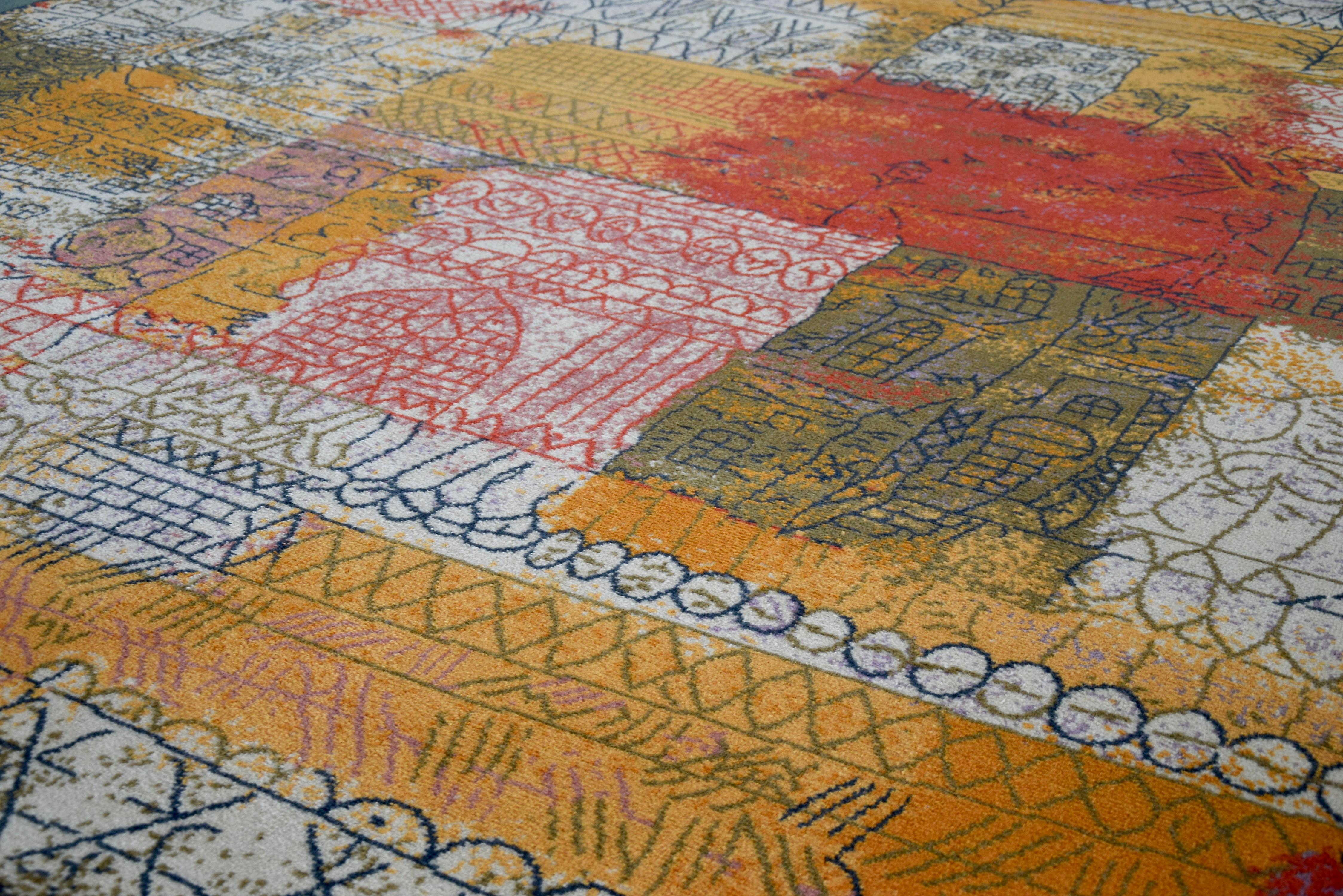 Big beautiful and colorful 100% wool art rug after Paul Klee's 