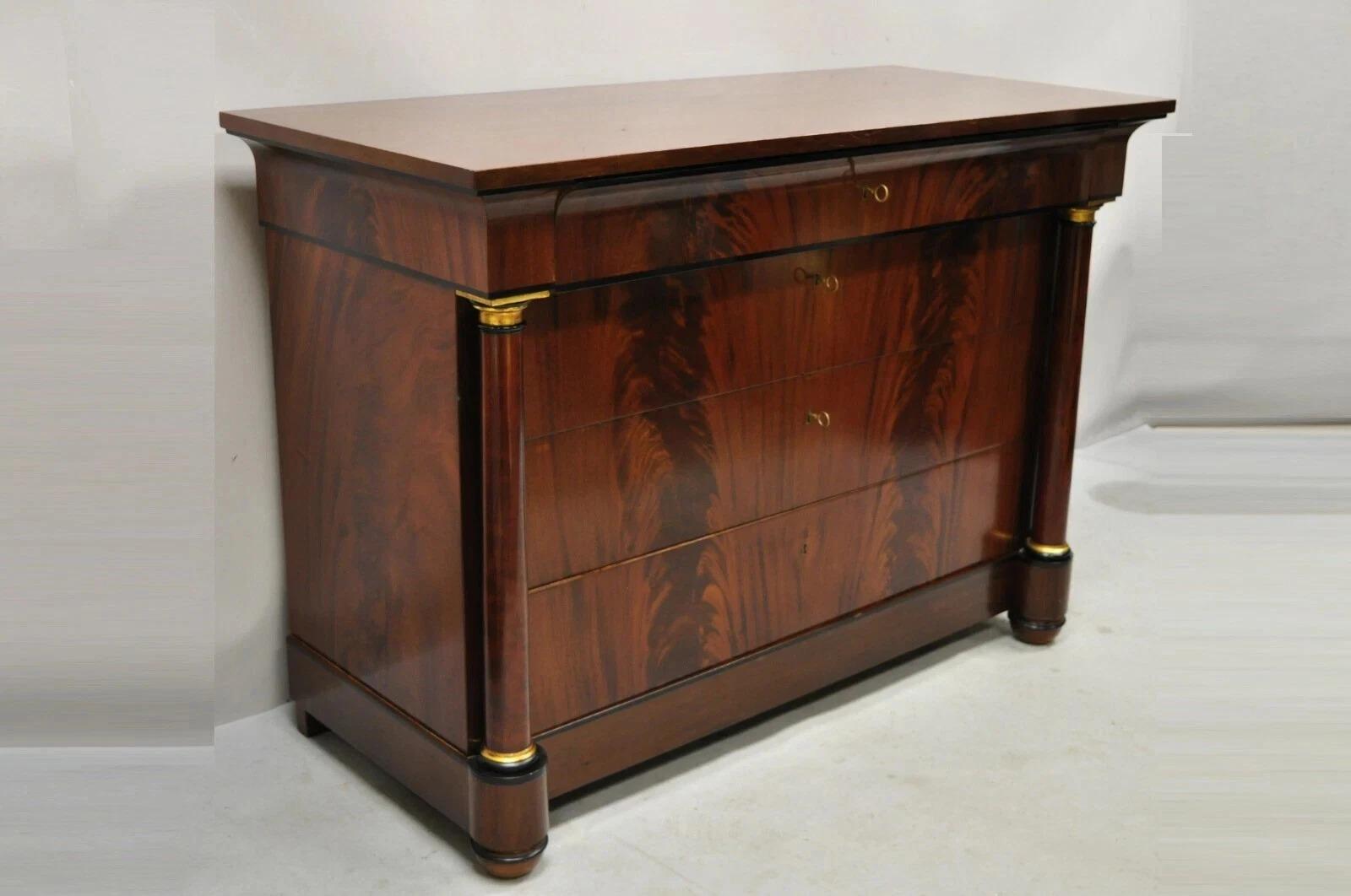 Please message us with your zip code to request a more reasonable domestic U.S. shipping quote.

Villa Garnelo French Empire Style Crotch Mahogany 4 Drawer Commode Dresser Chest. Item features a beautiful column support, bun feet, gold and ebonized