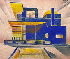 "Villa Majorelle", Important rendu d'architecture, bleu et jaune, Marrakech, 1936