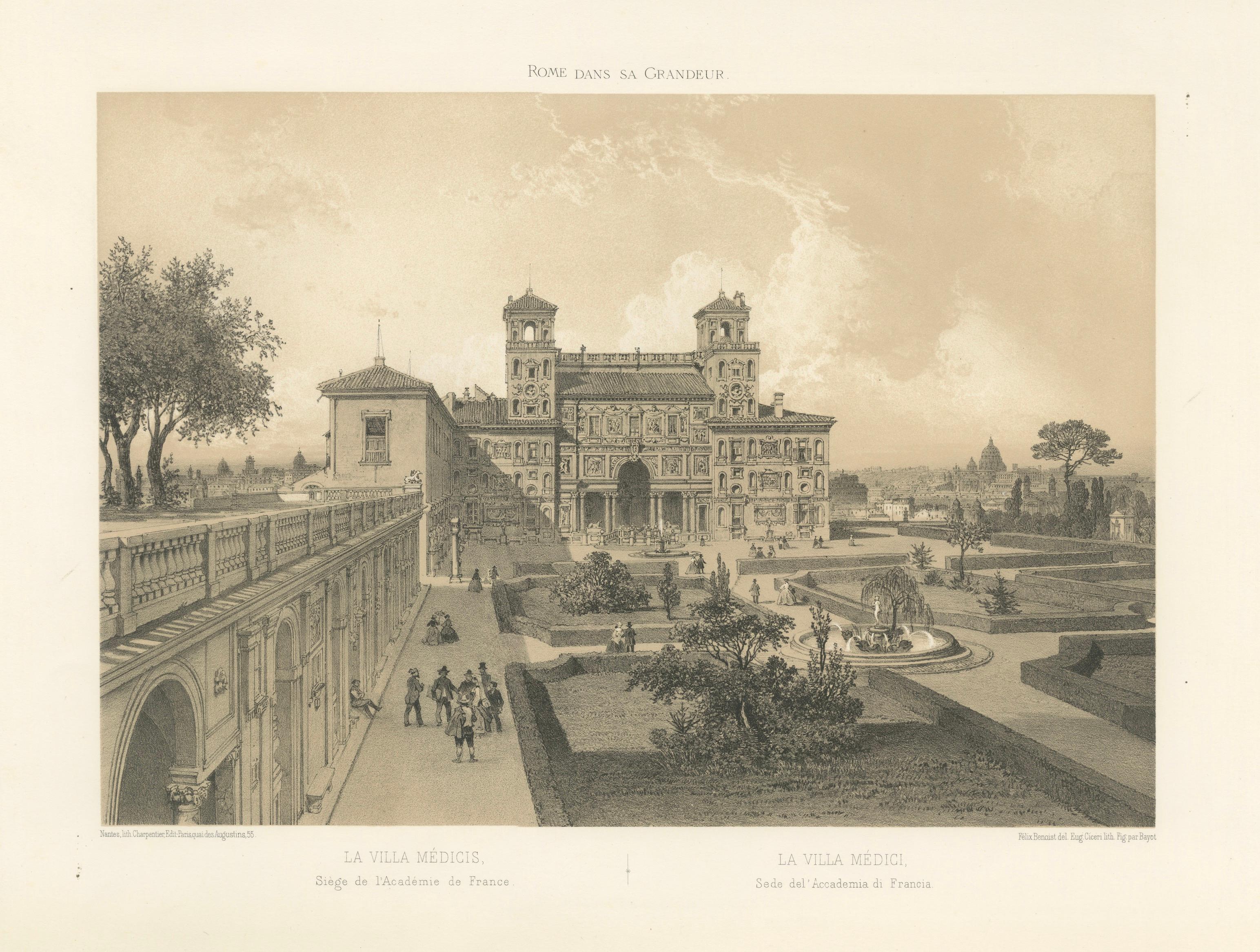 Villa Medici Rome, Seat of the French Academy, Antique Architectural Print 1869