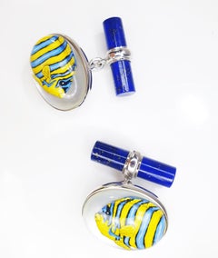 Villa Milano Tropical Fish Cufflinks in 18k White Gold Enamel and Lapislazuli