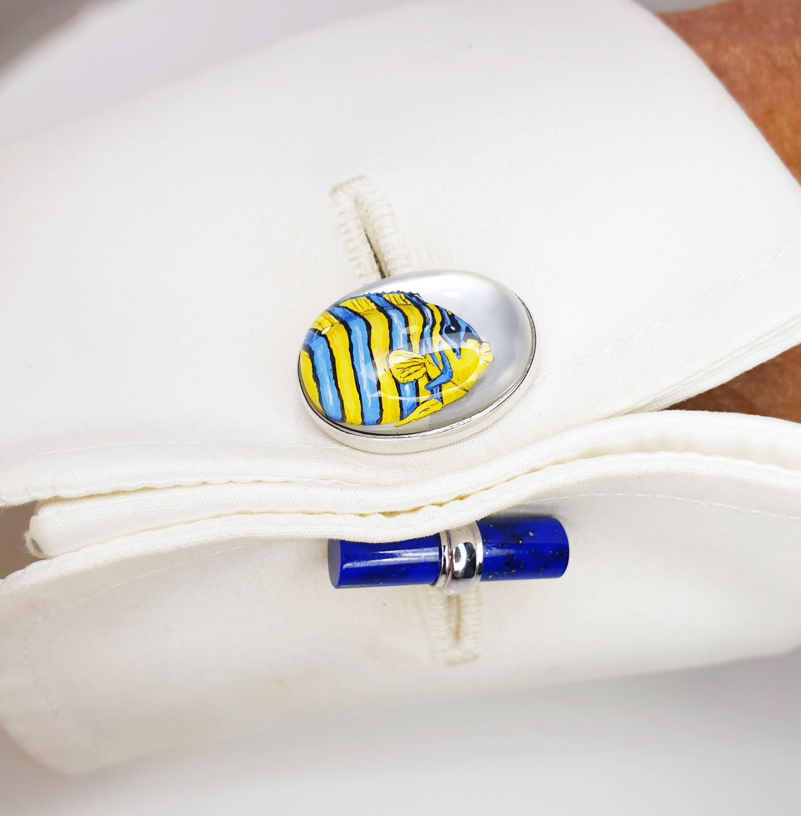 Villa Milano Tropical Fish Cufflinks in 18k White Gold Enamel and Lapislazuli In New Condition In Bilbao, ES