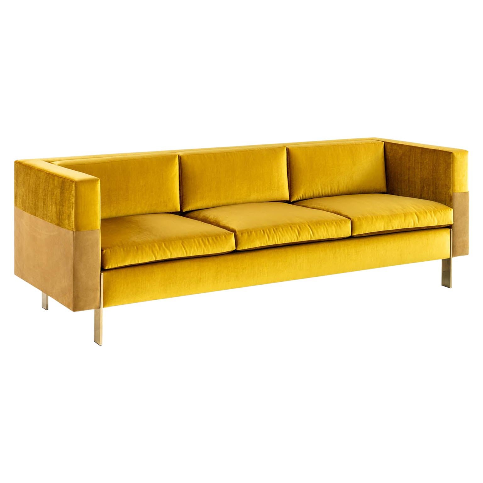 Villaflor Sofa in Gold Suede and Velvet with Solid Brass Base, COM or COL