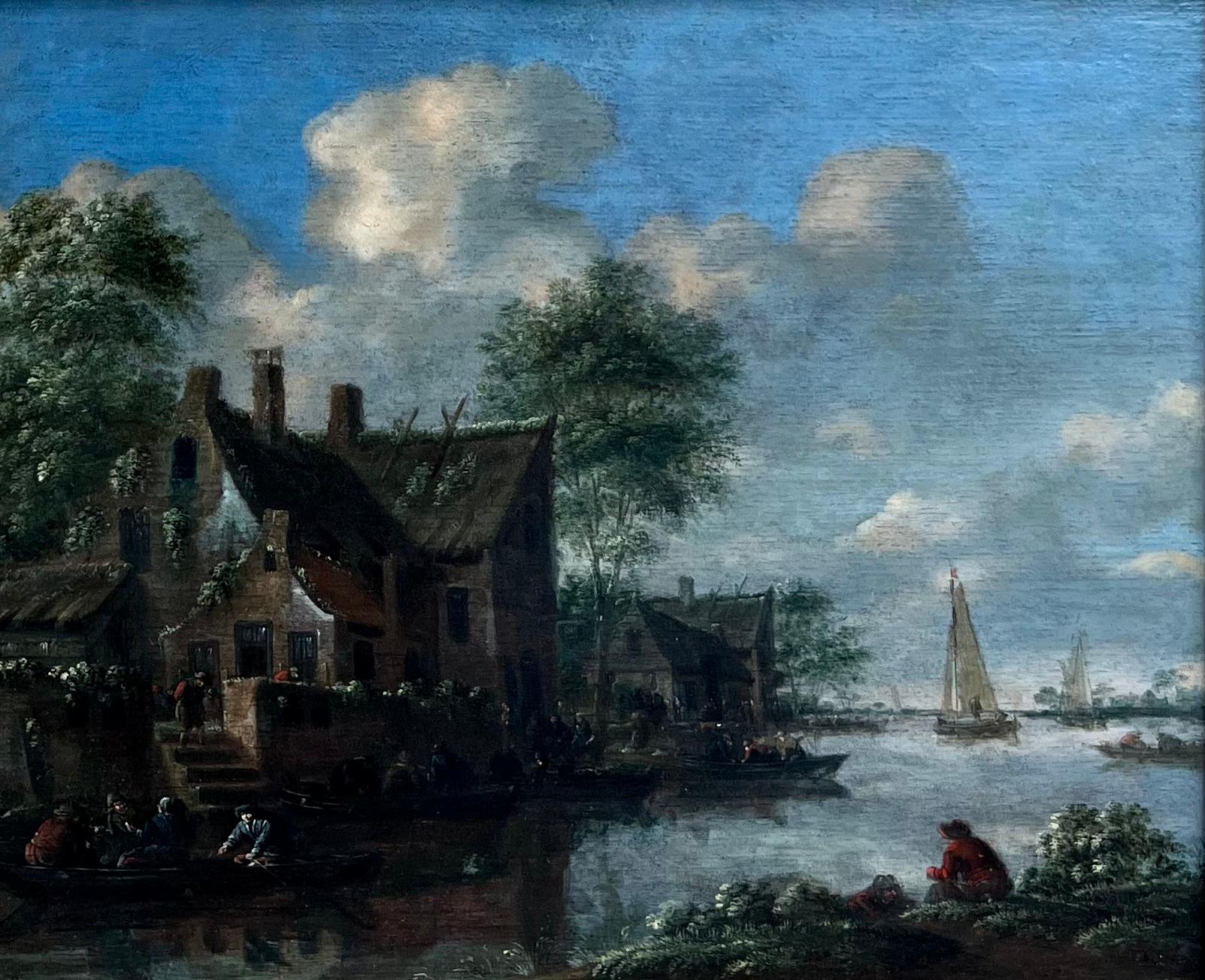Peinture de maître ancienne représentant une ville portuaire animée au 17e siècle. Très probablement hollandais et très proche dans son style de l'œuvre de Thomas Heeremans. Il s'agit d'une huile sur panneau, non signée, mesurant 21