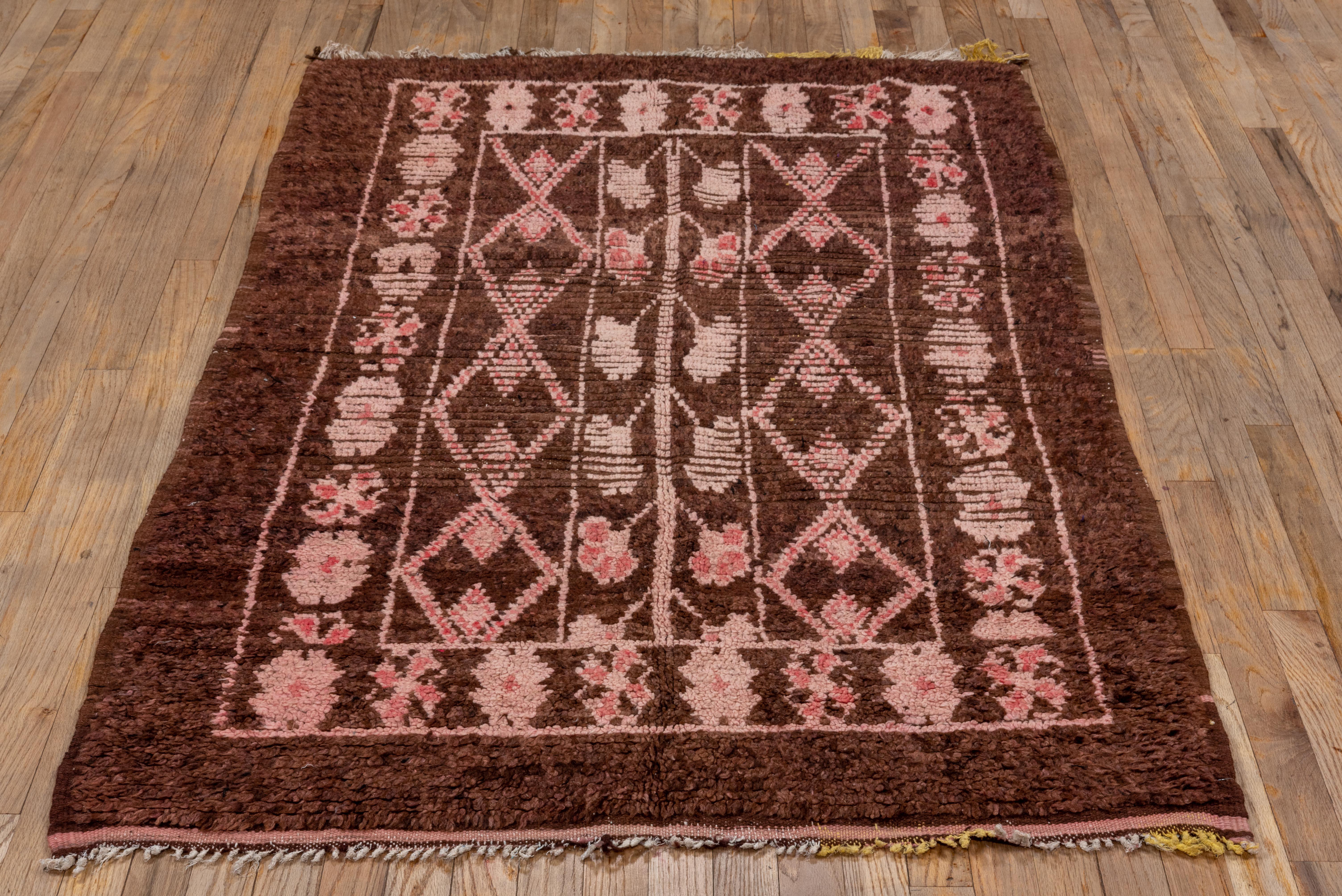 Traditional village rug made in Morocco, likely by a notable Tribal group. Pattern is designed without an outline and made entirely from memory.