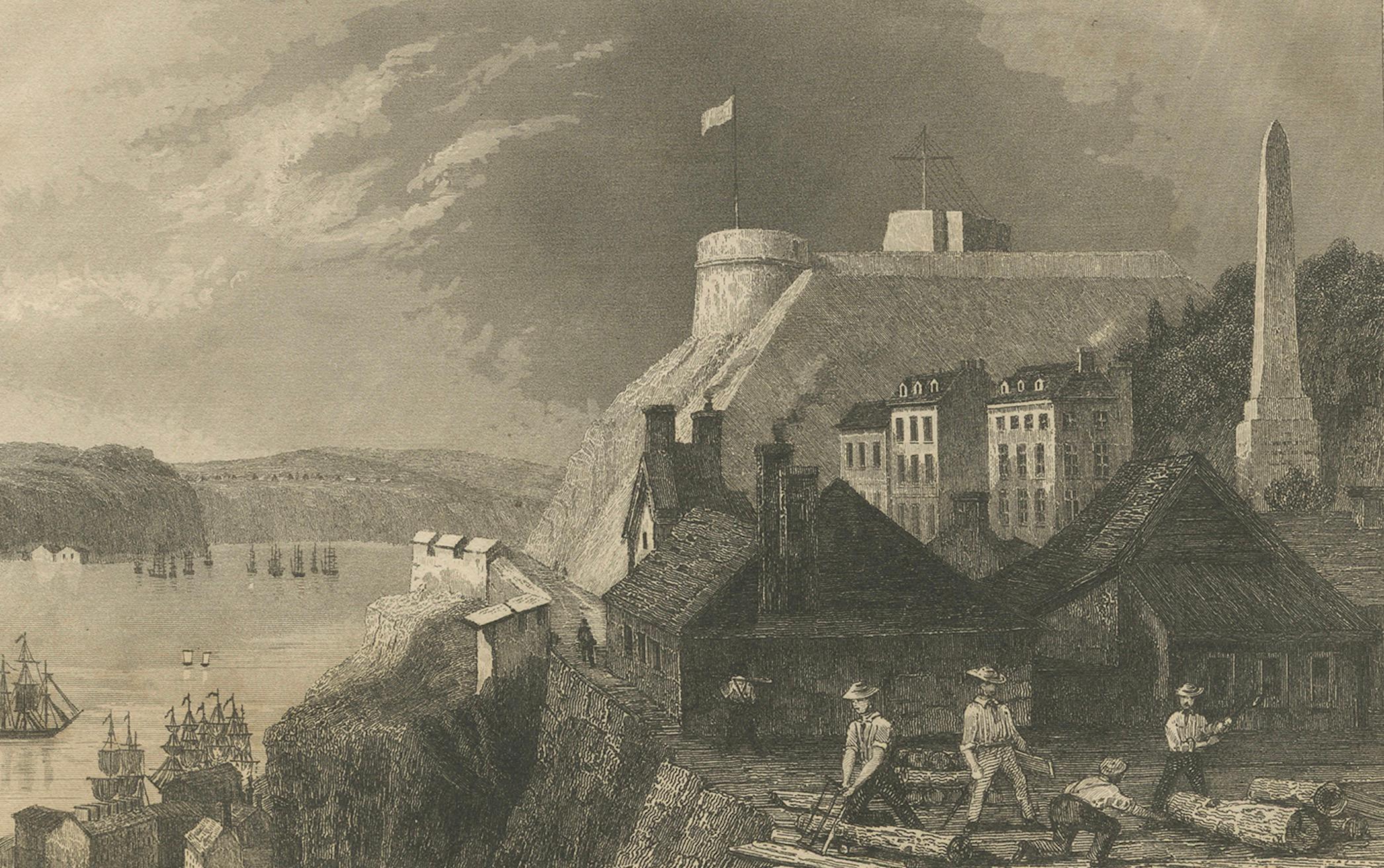 Pueblo de los Cedros y Ciudadela de Quebec - Pareja de vistas canadienses del siglo XIX en Bueno estado para la venta en Langweer, NL