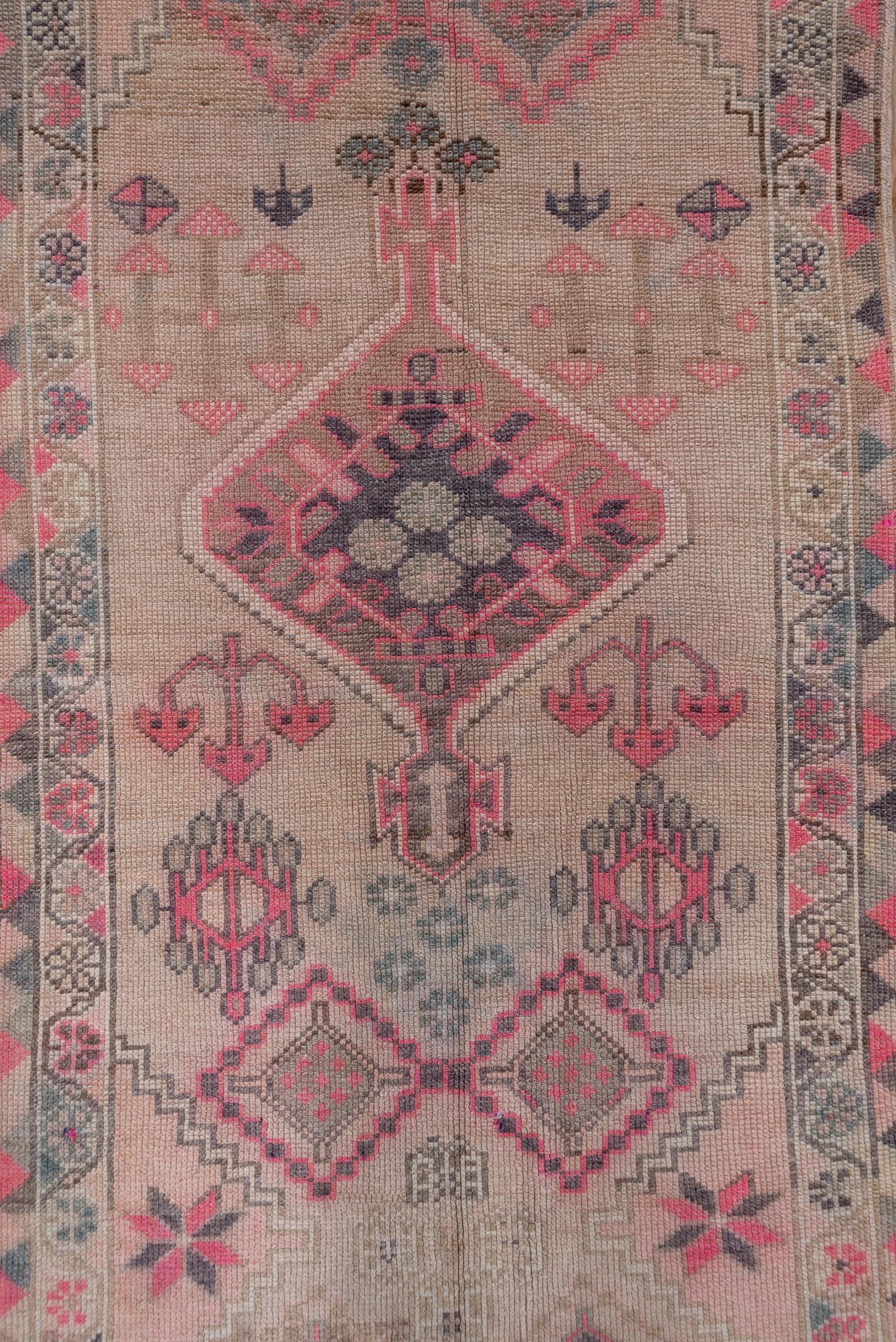 Turkish Village Pattern Oushak Runner with Light Pink Tones For Sale