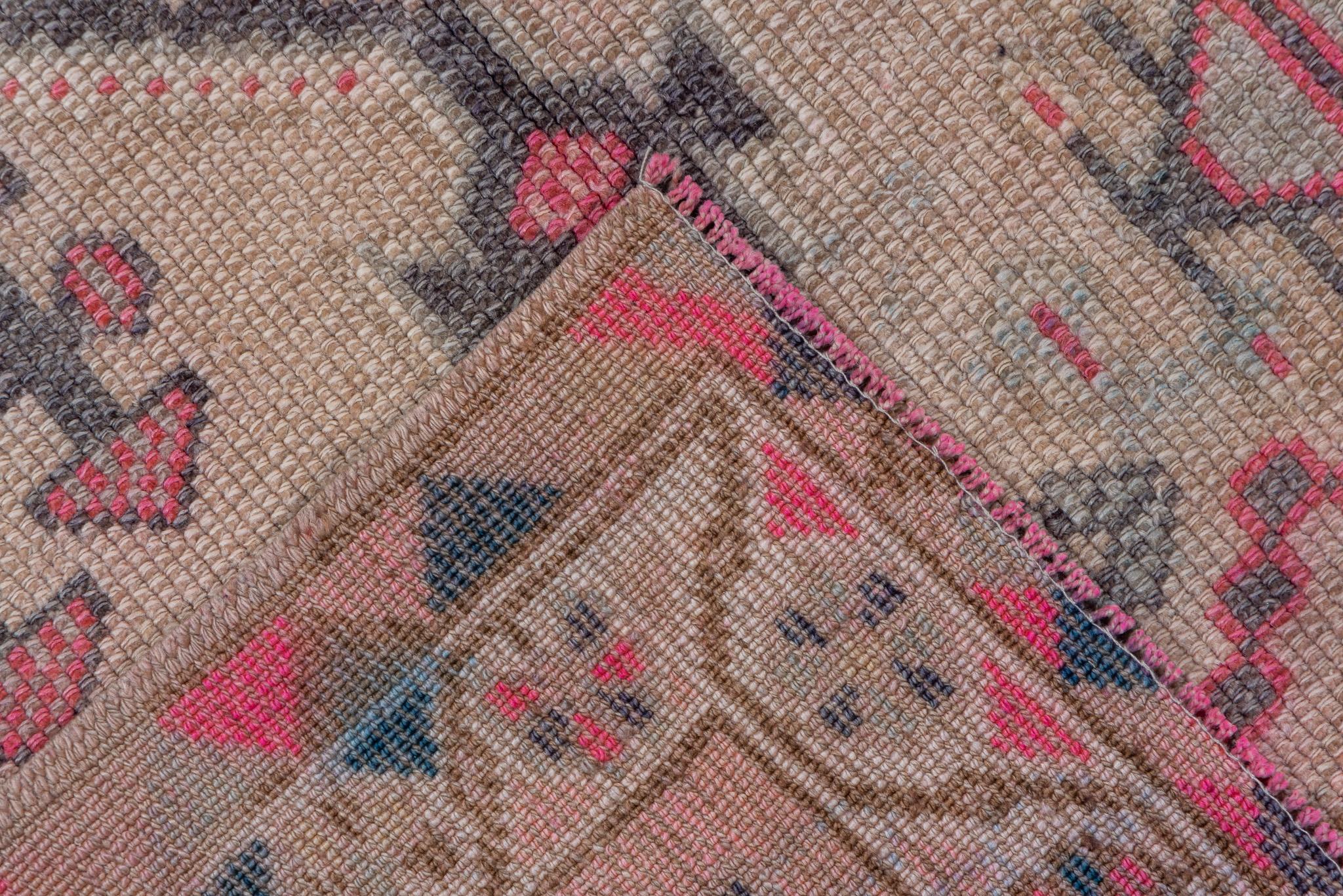 Wool Village Pattern Oushak Runner with Light Pink Tones For Sale