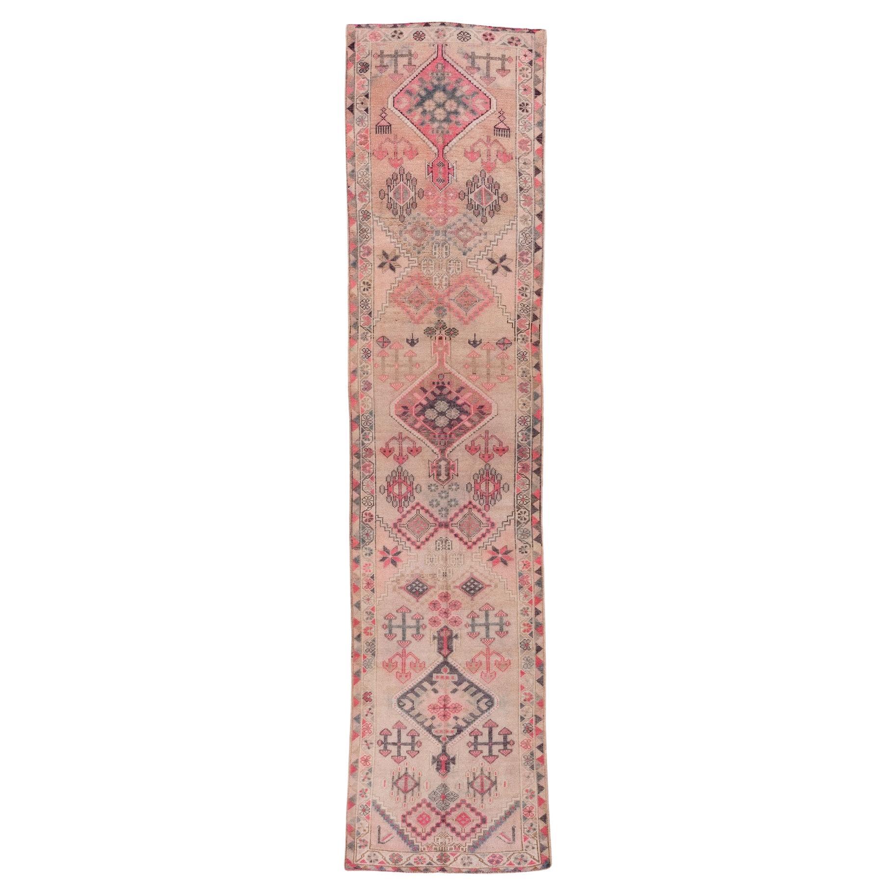 Village Pattern Oushak Runner with Light Pink Tones