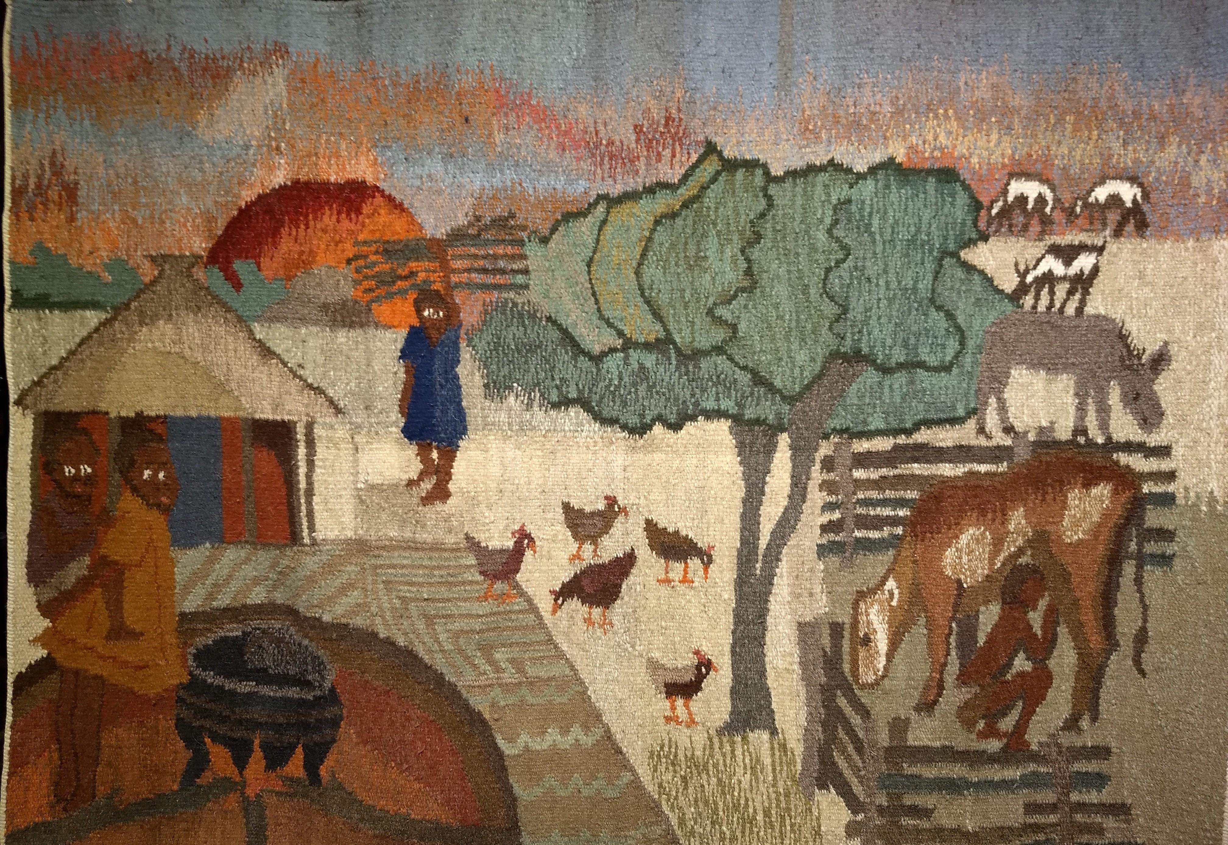Vintage Hand Woven African Tapestry Depicting Life Scenes Around a Village For Sale 2