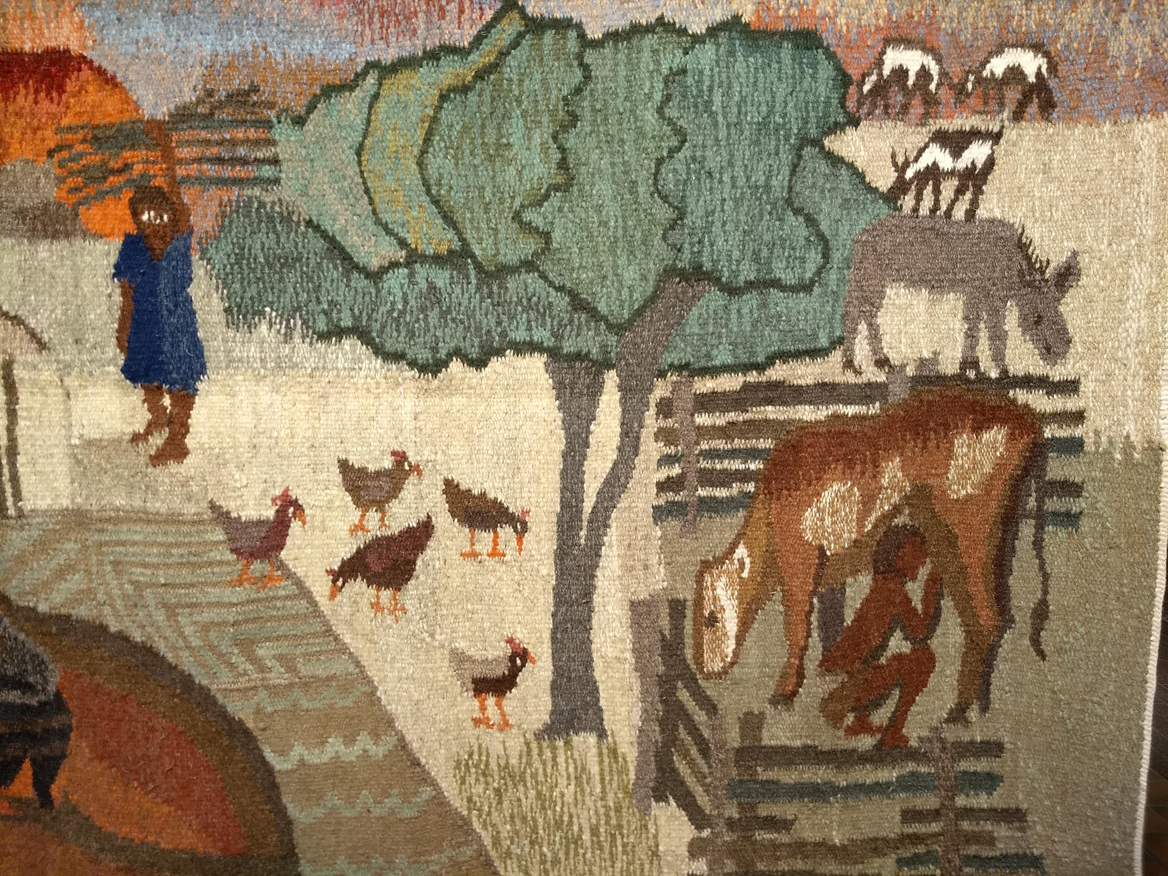 Vintage Hand Woven African Tapestry Depicting Life Scenes Around a Village For Sale 4