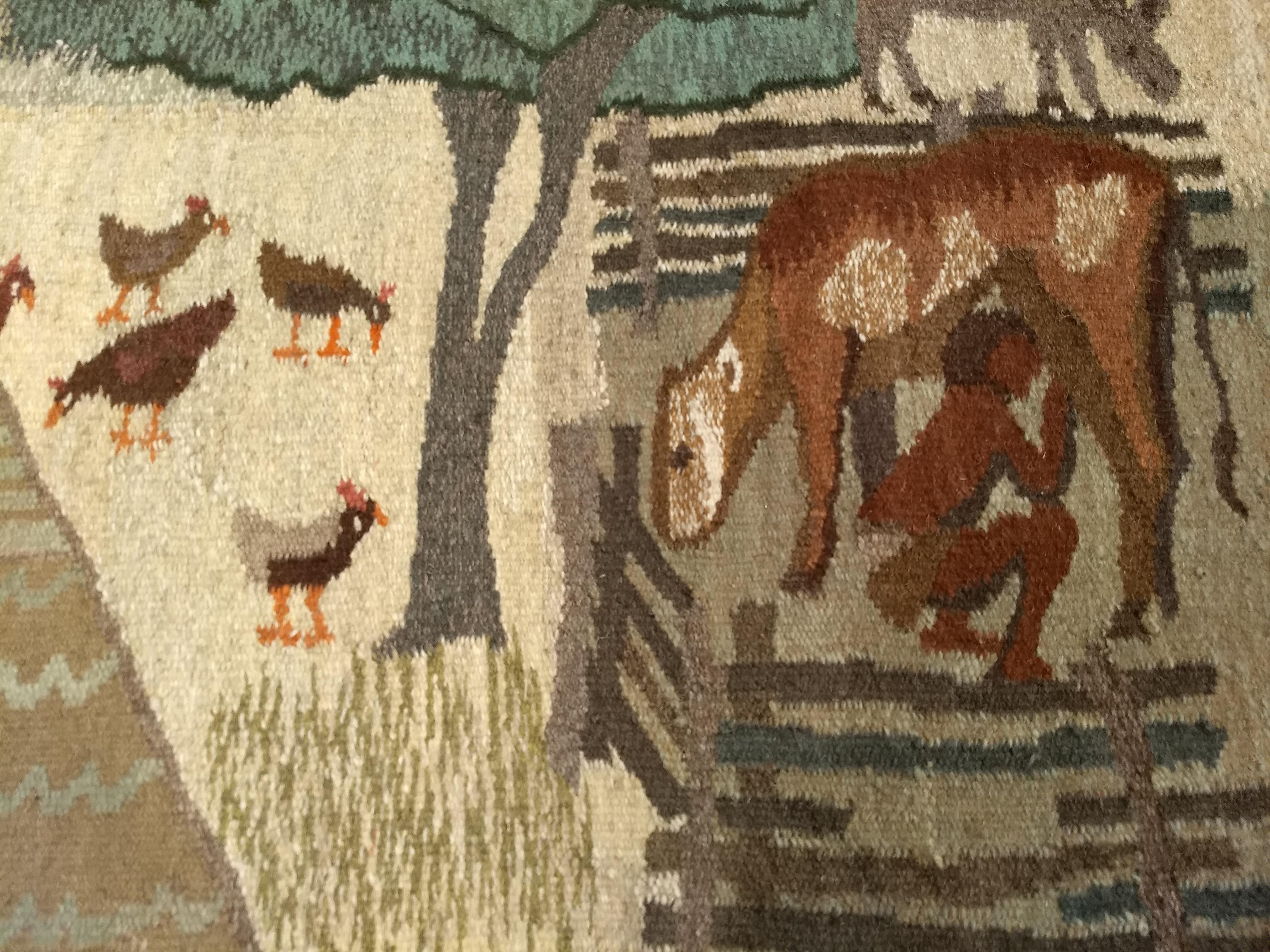 Vegetable Dyed Vintage Hand Woven African Tapestry Depicting Life Scenes Around a Village For Sale