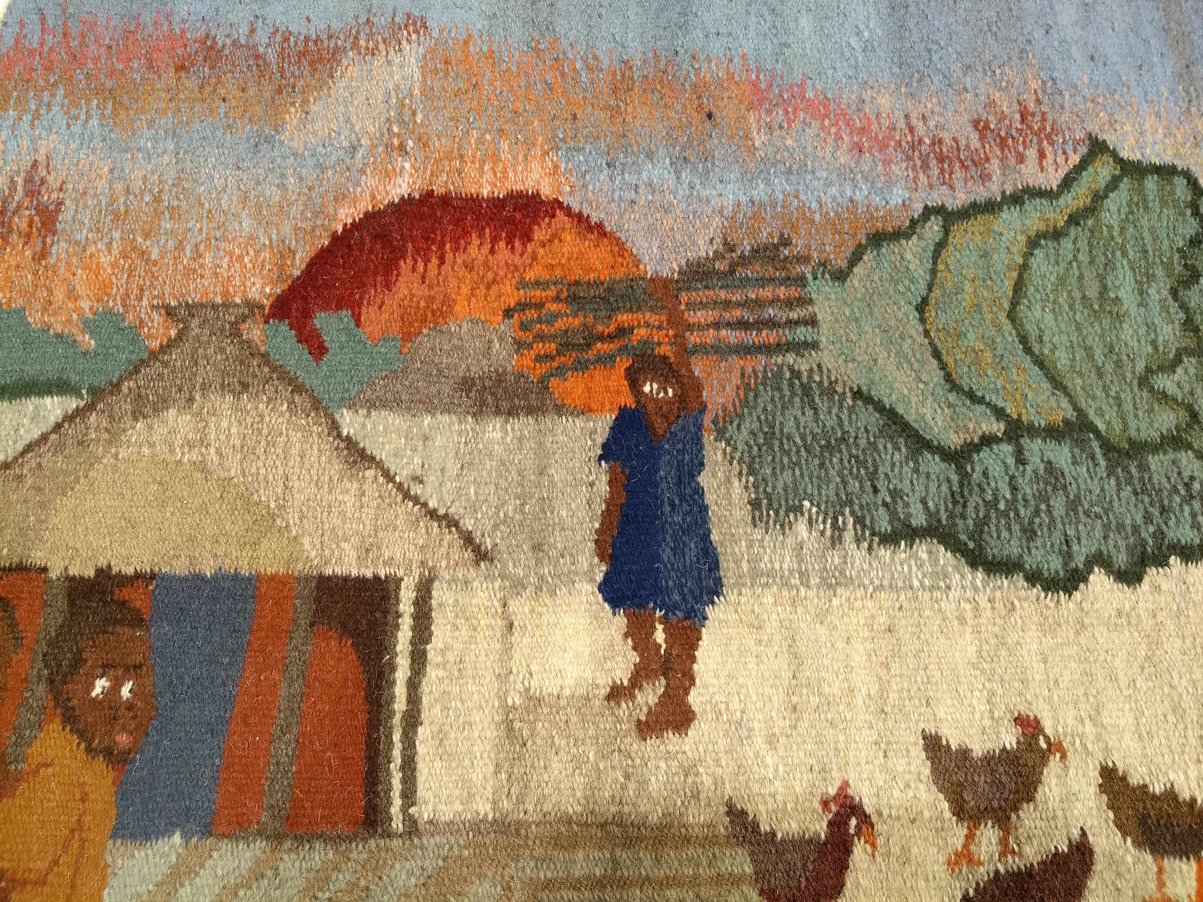 20th Century Vintage Hand Woven African Tapestry Depicting Life Scenes Around a Village For Sale