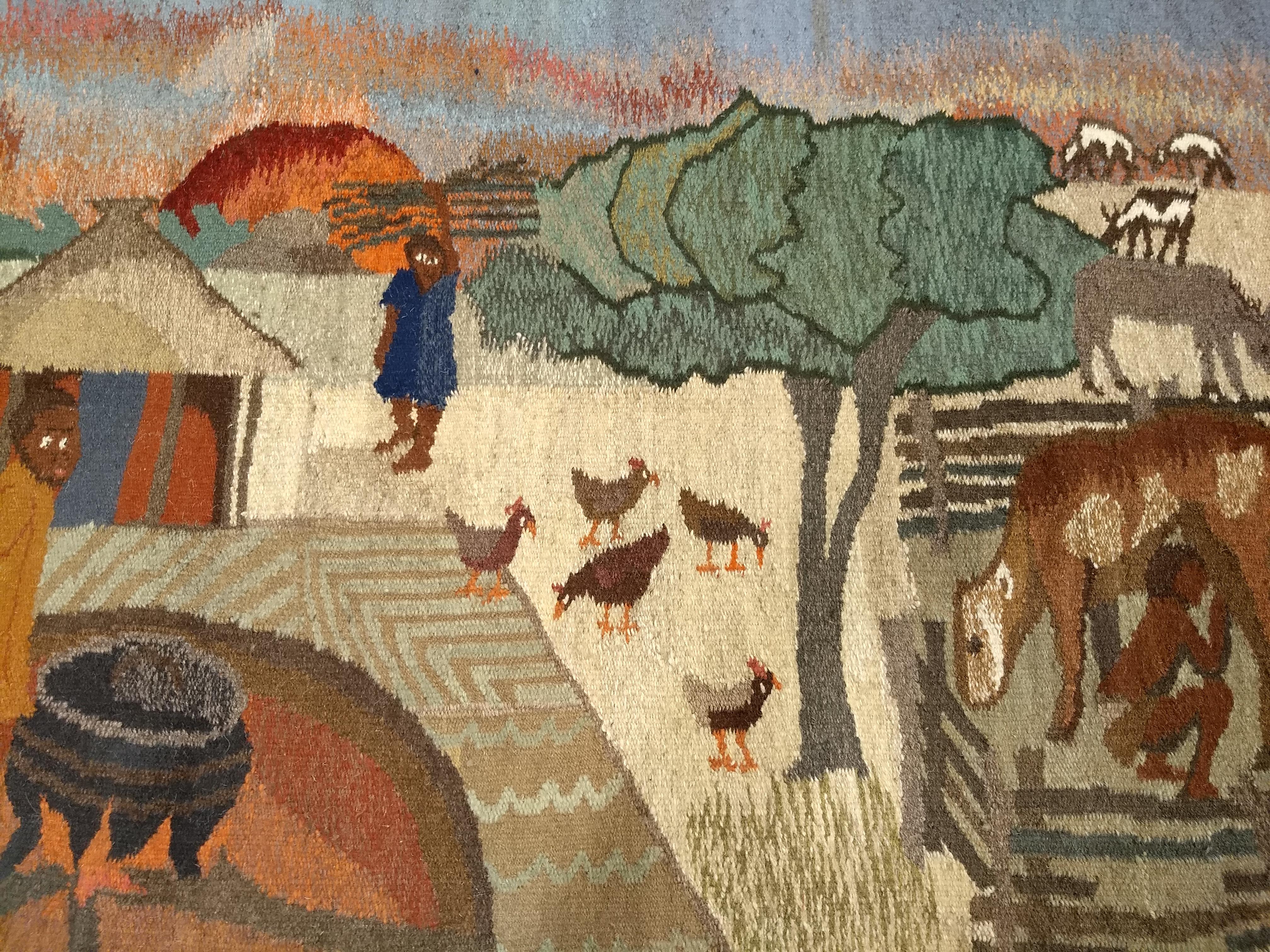 Wool Vintage Hand Woven African Tapestry Depicting Life Scenes Around a Village For Sale