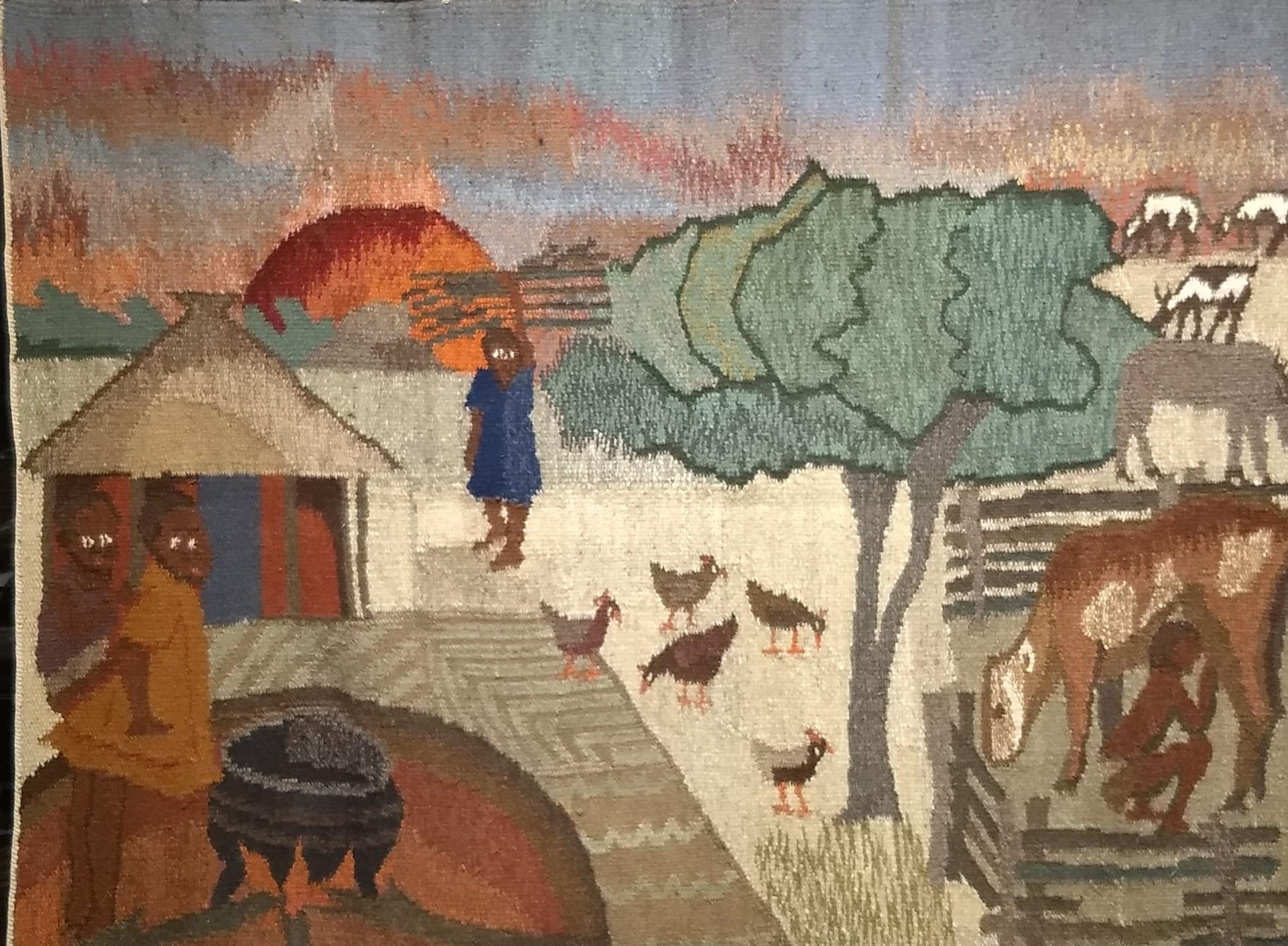 Vintage Hand Woven African Tapestry Depicting Life Scenes Around a Village For Sale 1