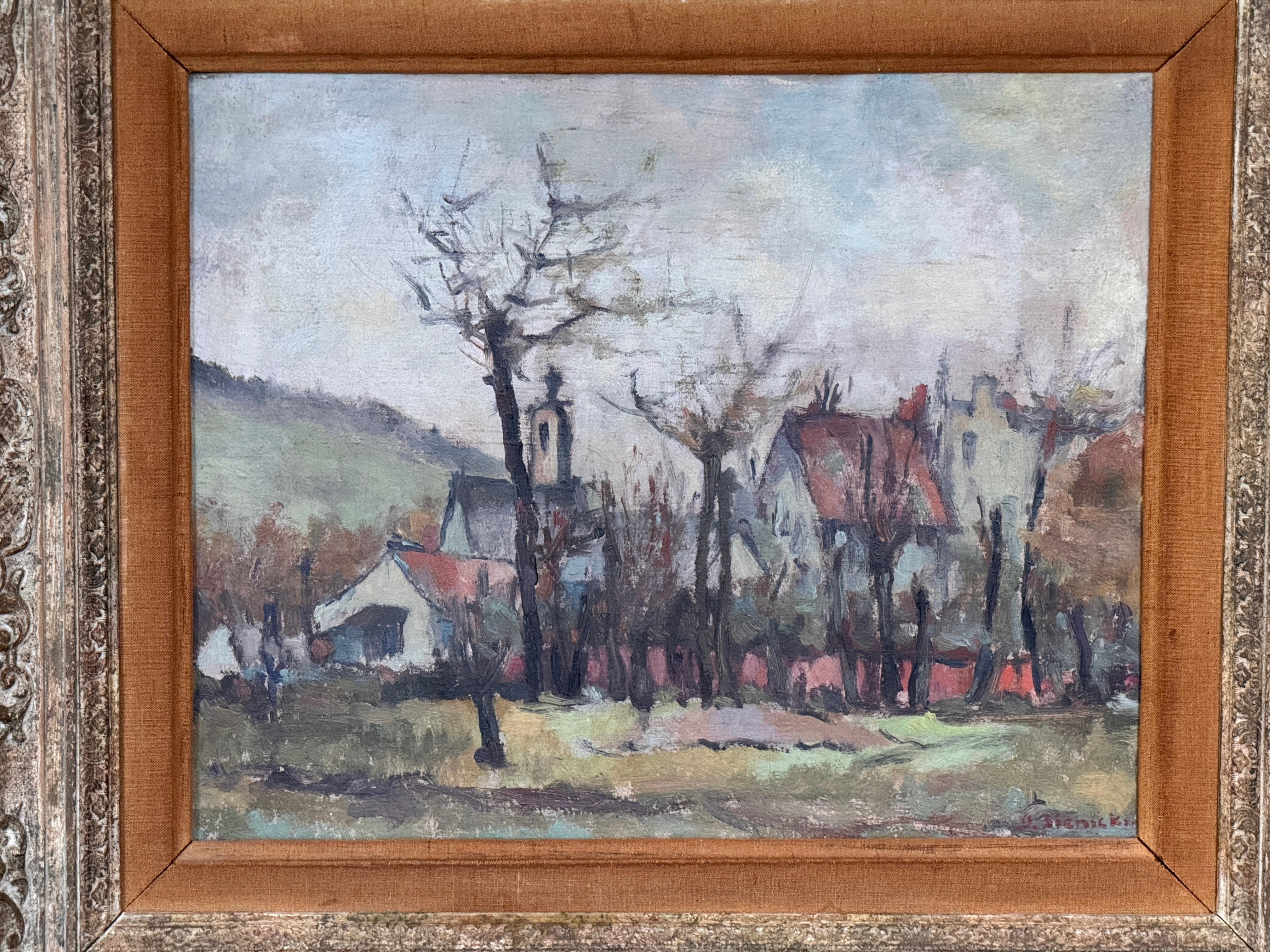 Francese Scena di villaggio di George René Sinicki in vendita