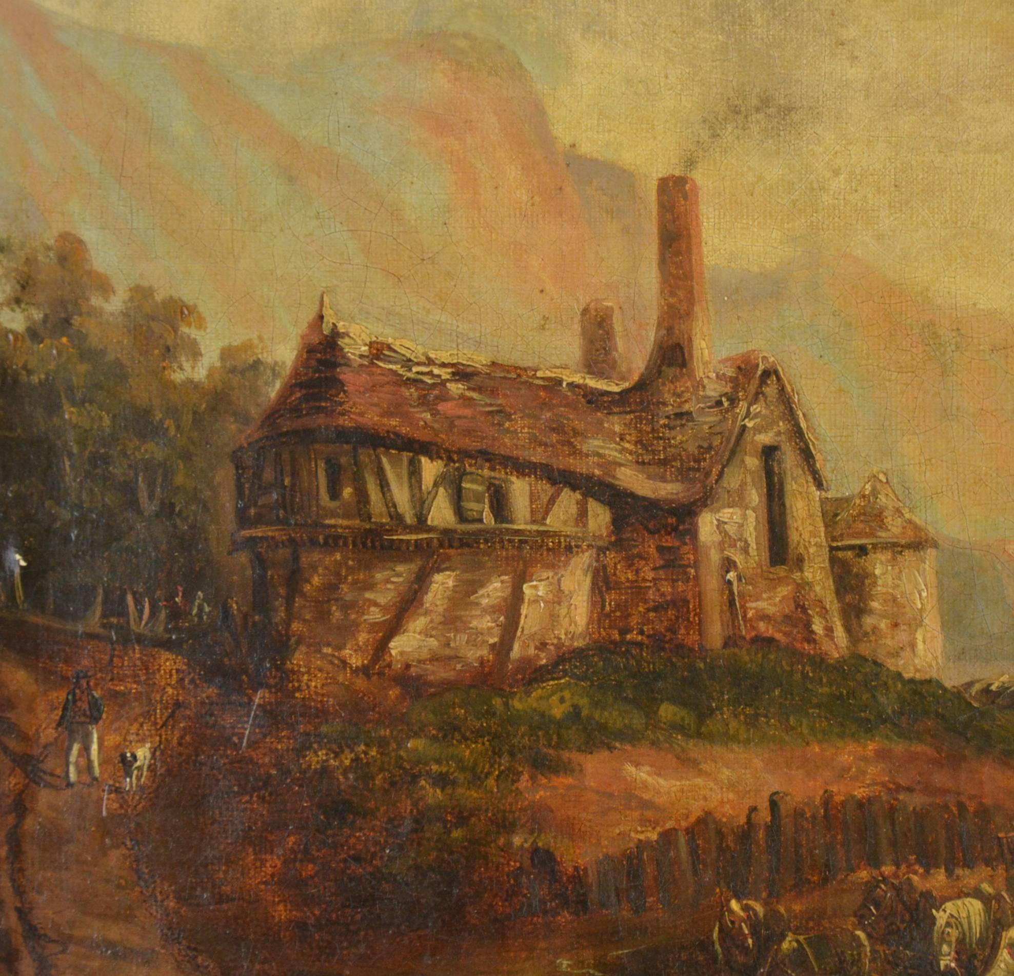 Village Scene Painting, Flemish School, 19th Century, Signed on the Verso Larue In Good Condition For Sale In Brussels, BE
