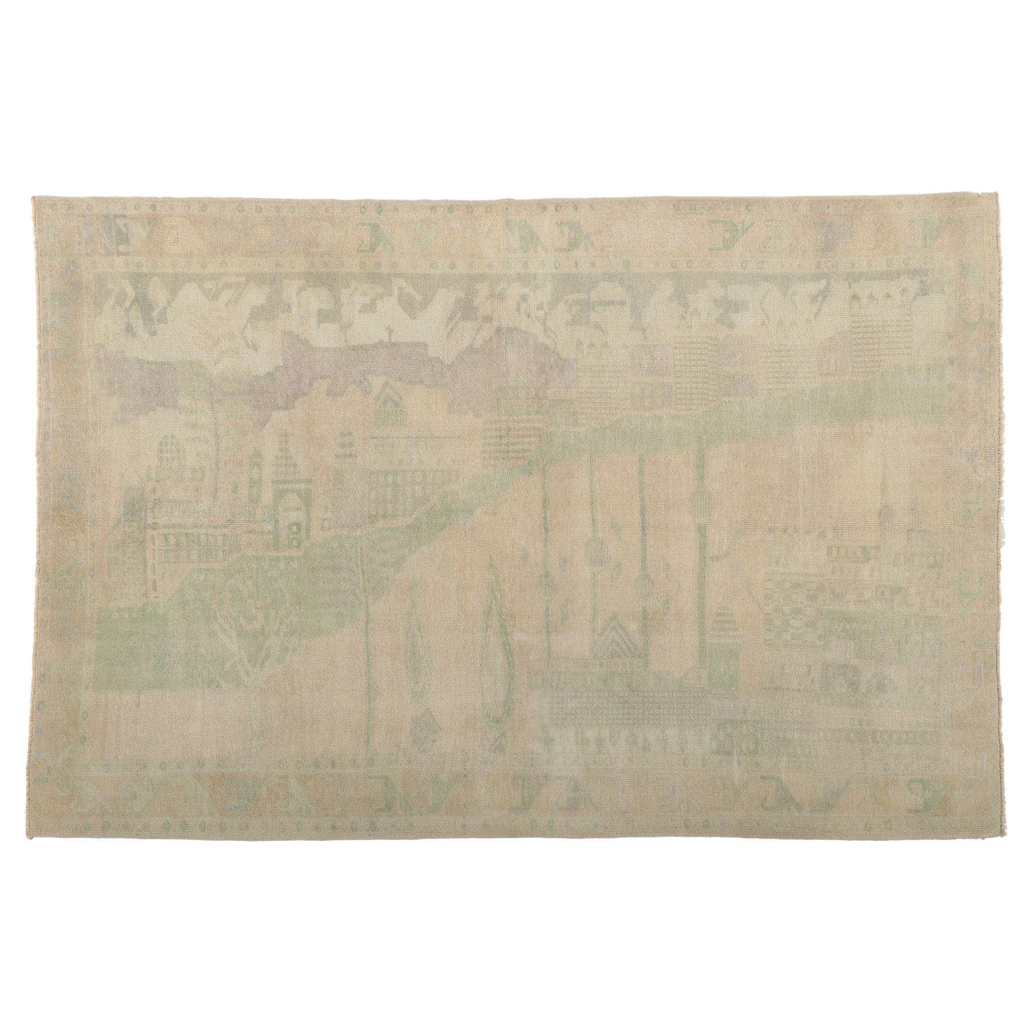 Türkischer Oushak-Landschaft-Bilder-Kriegeteppich mit Amish Shaker-Stil, Vintage im Angebot