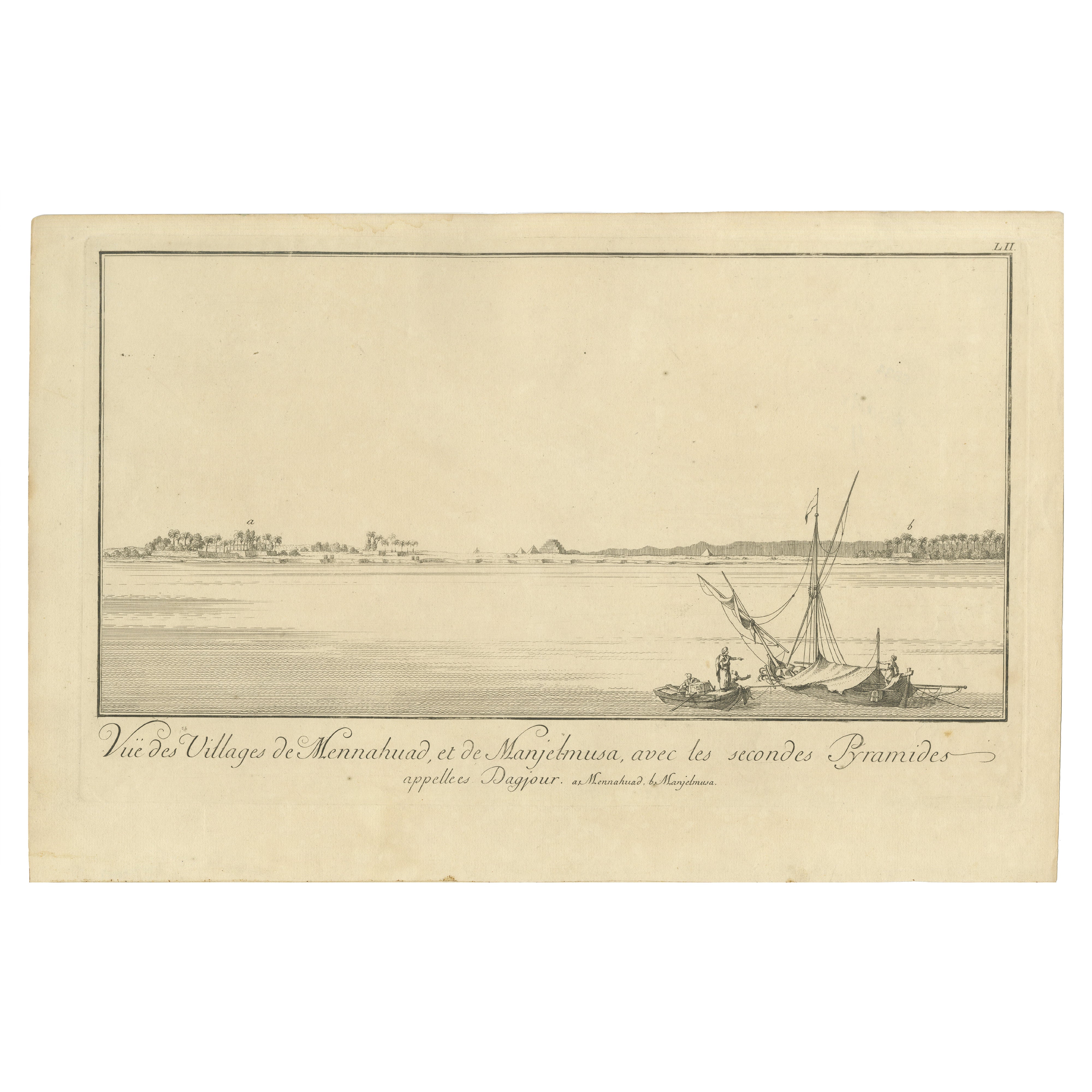 Villages of Mennahud 
Manjelmusa with Pyramids, Copper Engraving - Norden, 1755 For Sale