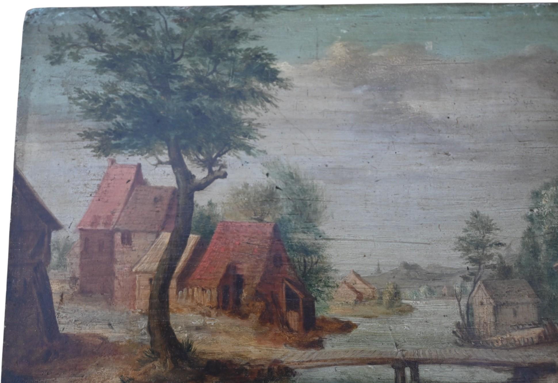 Dorfszene, 18. Jahrhundert Ölgemälde auf Tafel (Niederländisch) im Angebot