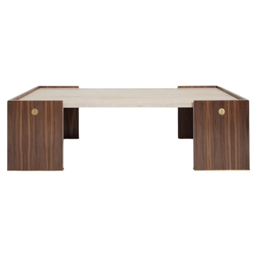 "Villandry" walnut and travertine coffee table, Barracuda Edition. For Sale