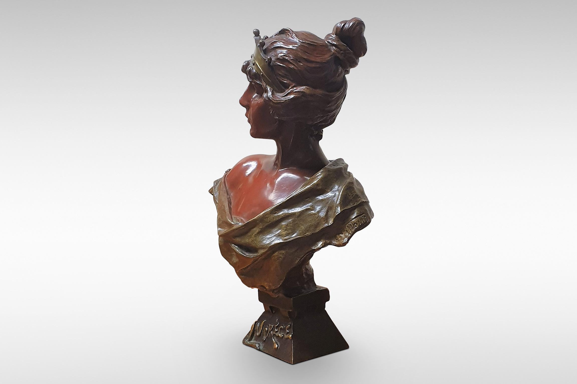 The serene and beautiful 'Lucrece' by Emmanuel Villanais.
An Art Nouveau bust bearing the foundry mark of the Societé de Bronzes de Paris, circa 1890s.

  