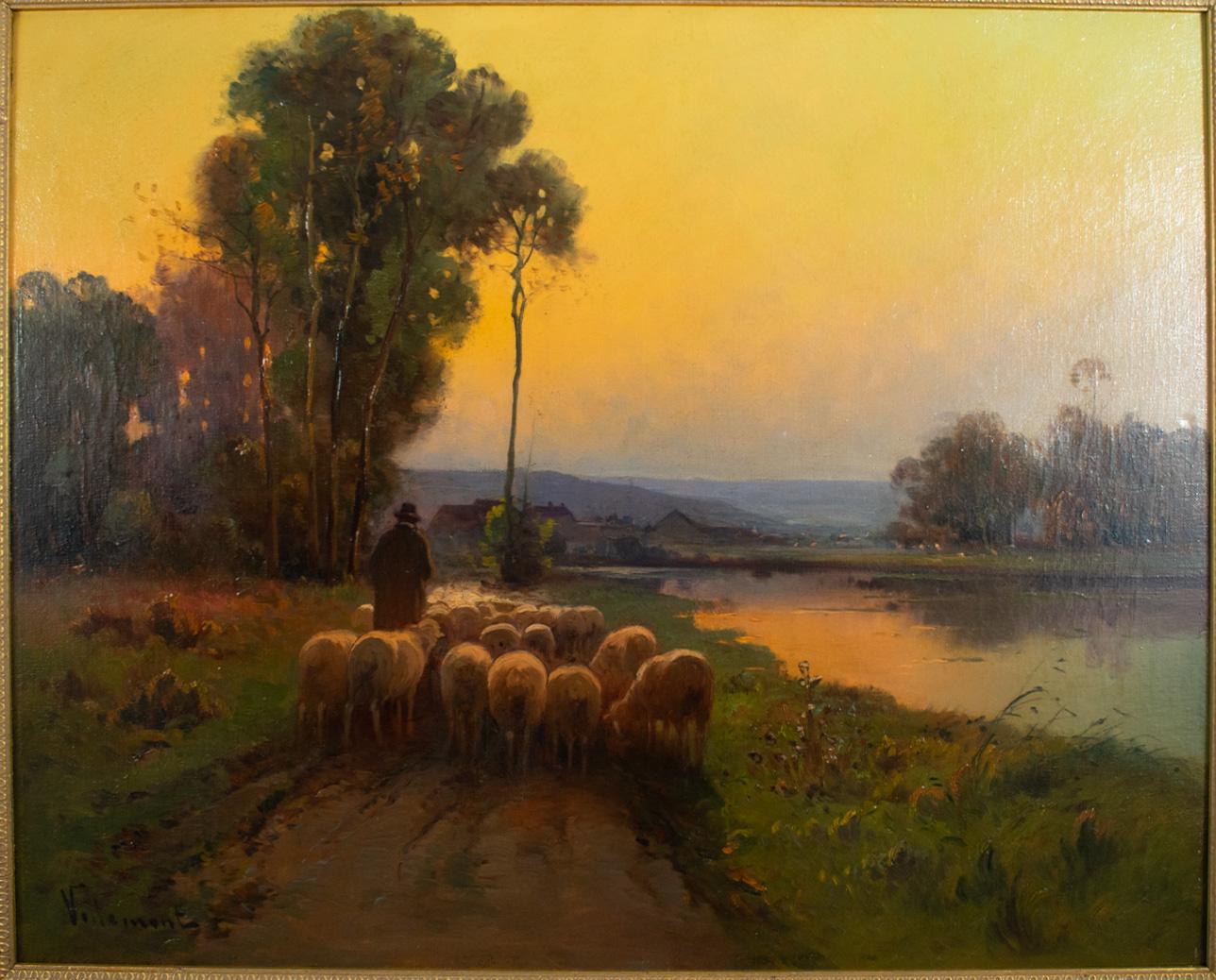 VILLEMONT (XIX-XX secolo): Pastore con il suo gregge

Olio su tela, firmato in basso a sinistra. Questo pezzo vibrante e charme cattura una scena pastorale con un gregge di pecore e il pastore che serpeggiano lungo una tranquilla stradina di