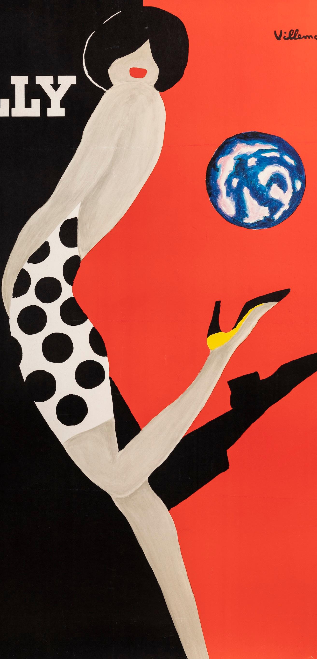 Poster to promote Bally shoes created by Bernard Villemot in 1989.

Artist: Bernard Villemot
Title: Bally
Date: 1989
Size: 46.9 x 68.9 in / 119 x 175 cm
Printer: Imp. A. Karcher
Materials and Techniques: Colour lithograph on paper
Linen backing: