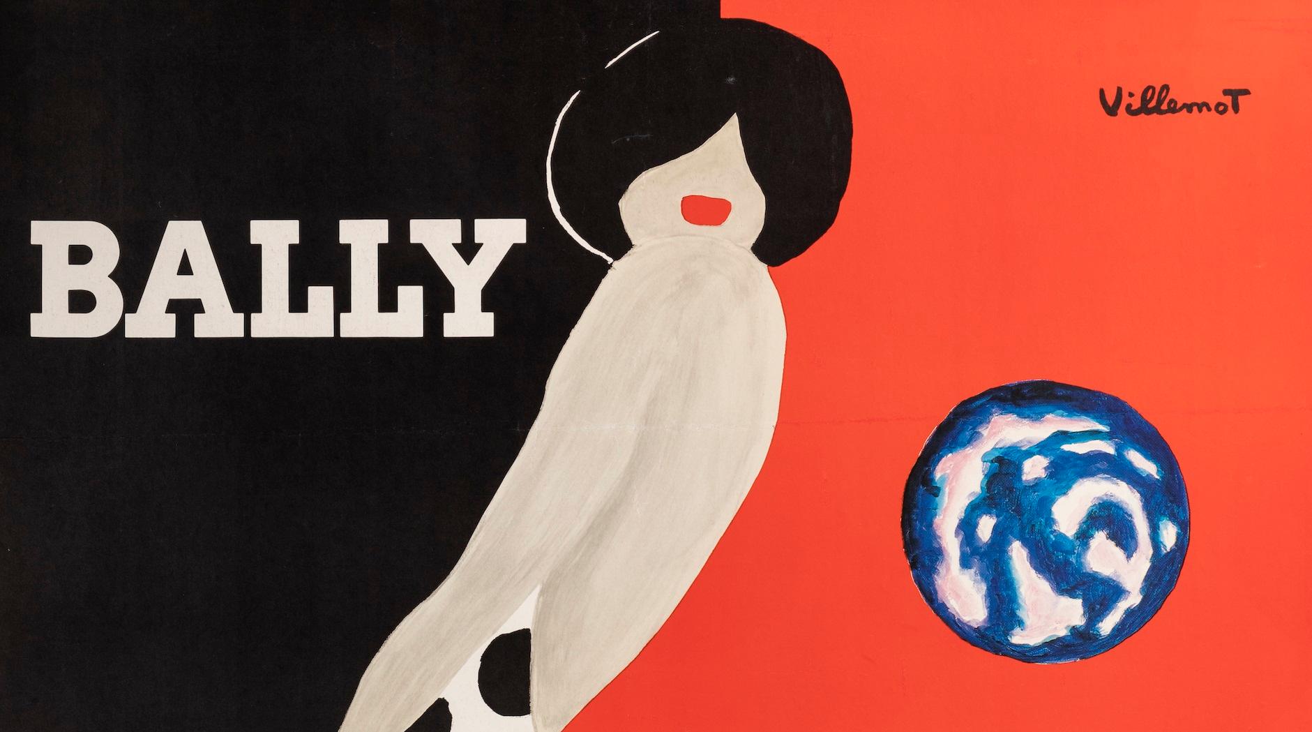 Mid-Century Modern Villemot, Original Vintage Poster, Bally Shoes, Globe, Fashion, Woman Dress 1989 For Sale