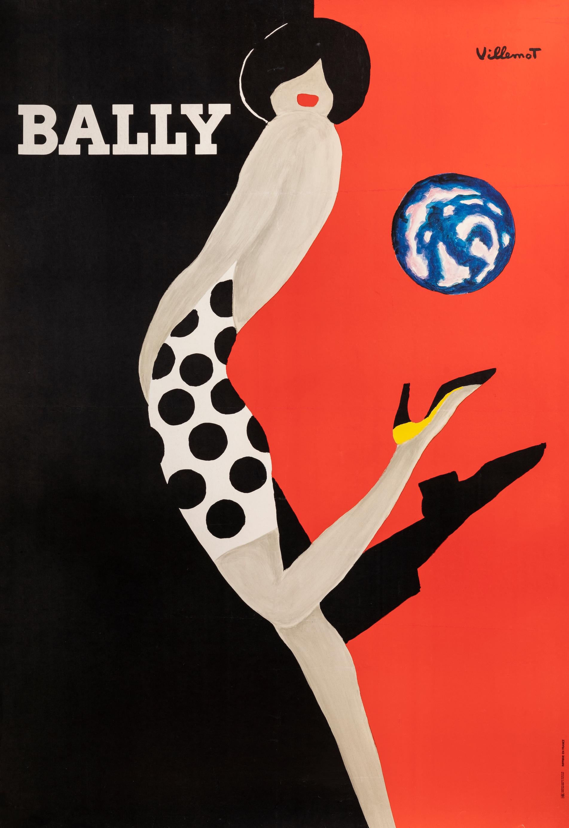 French Villemot, Original Vintage Poster, Bally Shoes, Globe, Fashion, Woman Dress 1989 For Sale