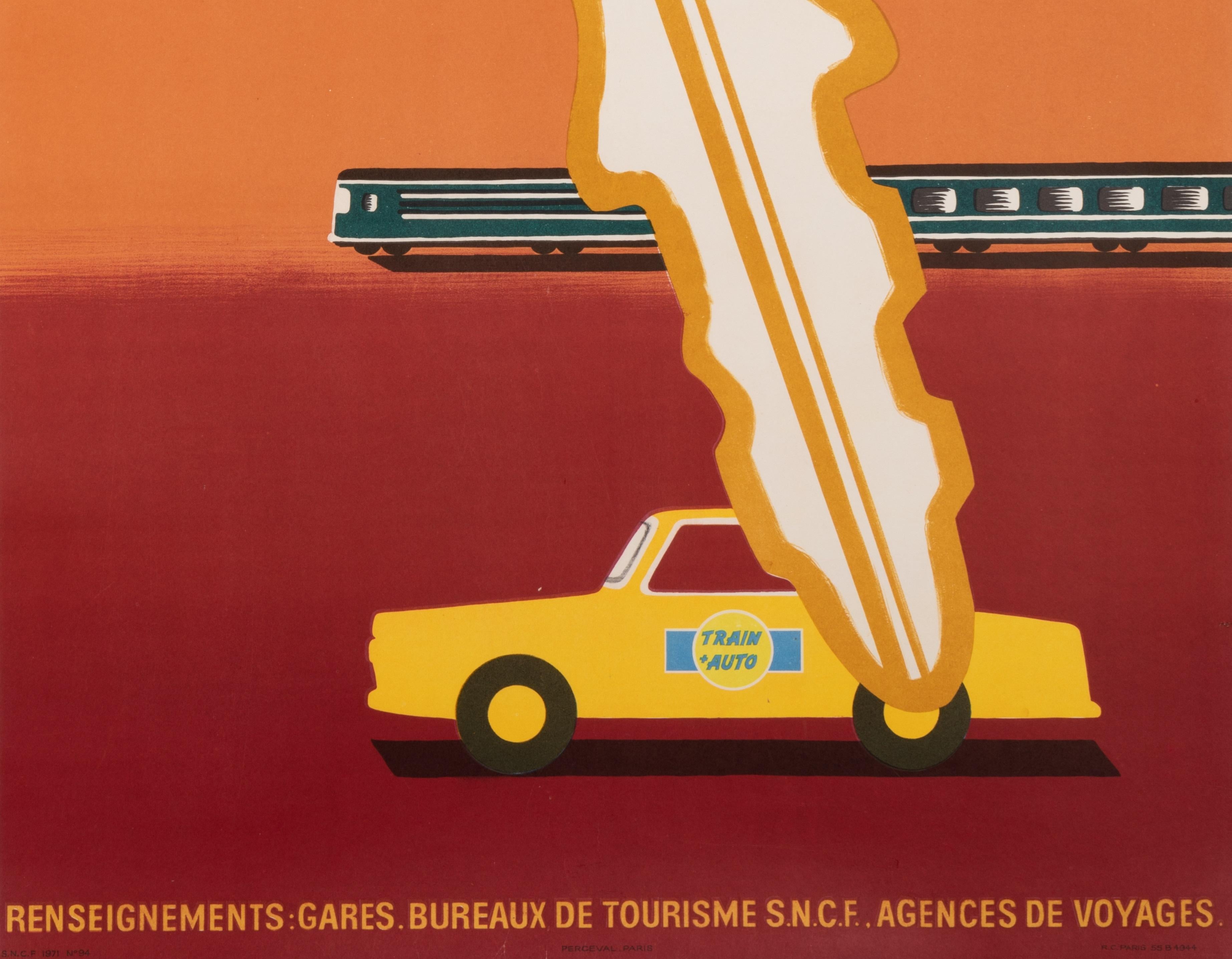 Mid-Century Modern Villemot, Original Vintage Poster, French Railway, Car Rental, Train, Key, 1971 For Sale