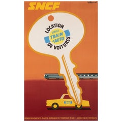 Affiche vintage d'origine, French Railway, Rental Car Rental, Train, Key, 1971