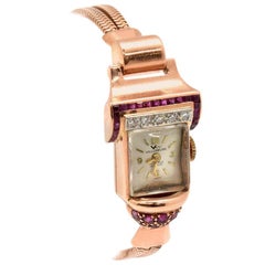 Villereuse Ladies Rose Gold Diamond Ruby Vintage manual Wristwatch