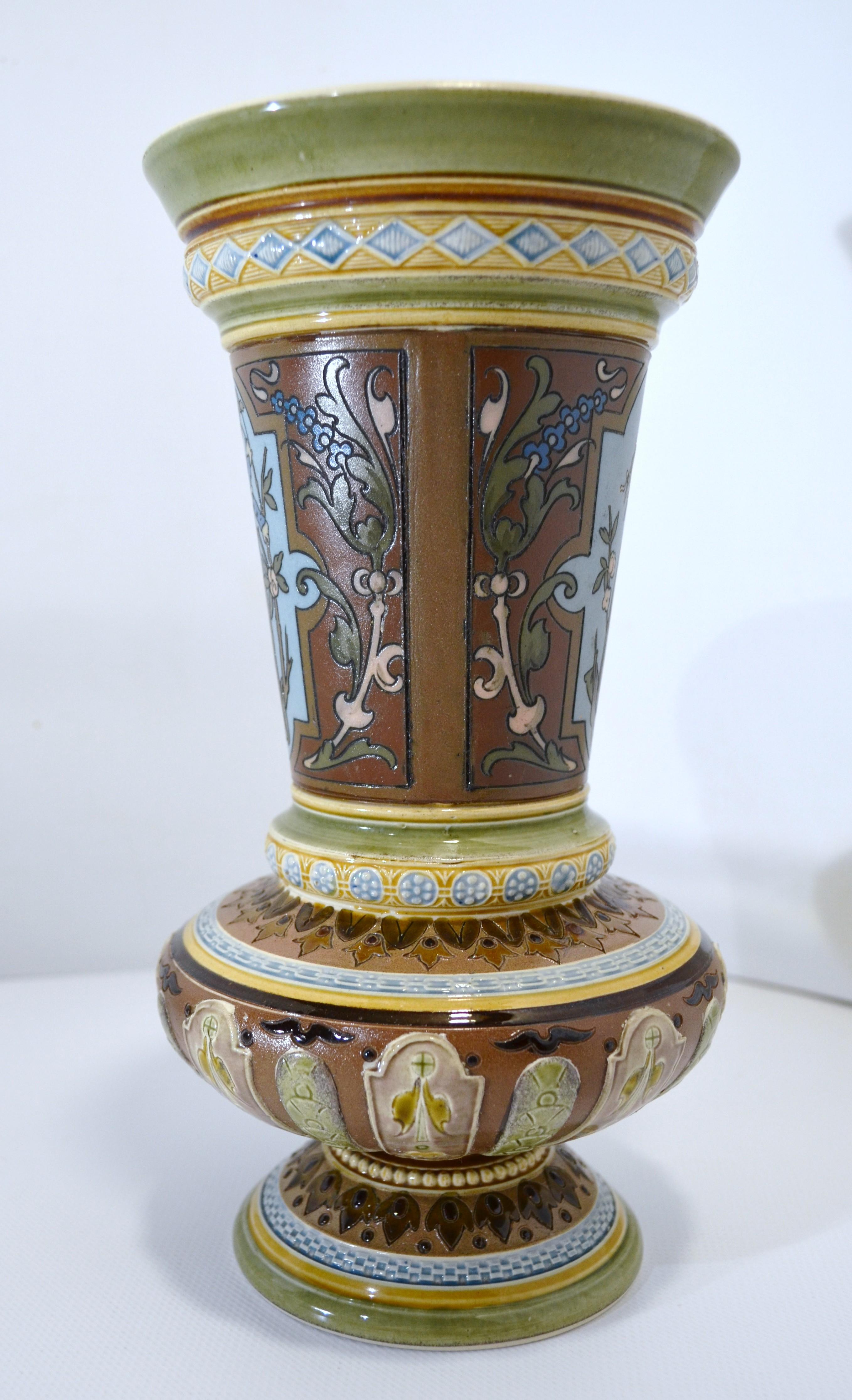 Romantic Villeroy and Boch Mettlach 1890 1900 Mosaic Ceramic Vase Decorated with Women For Sale