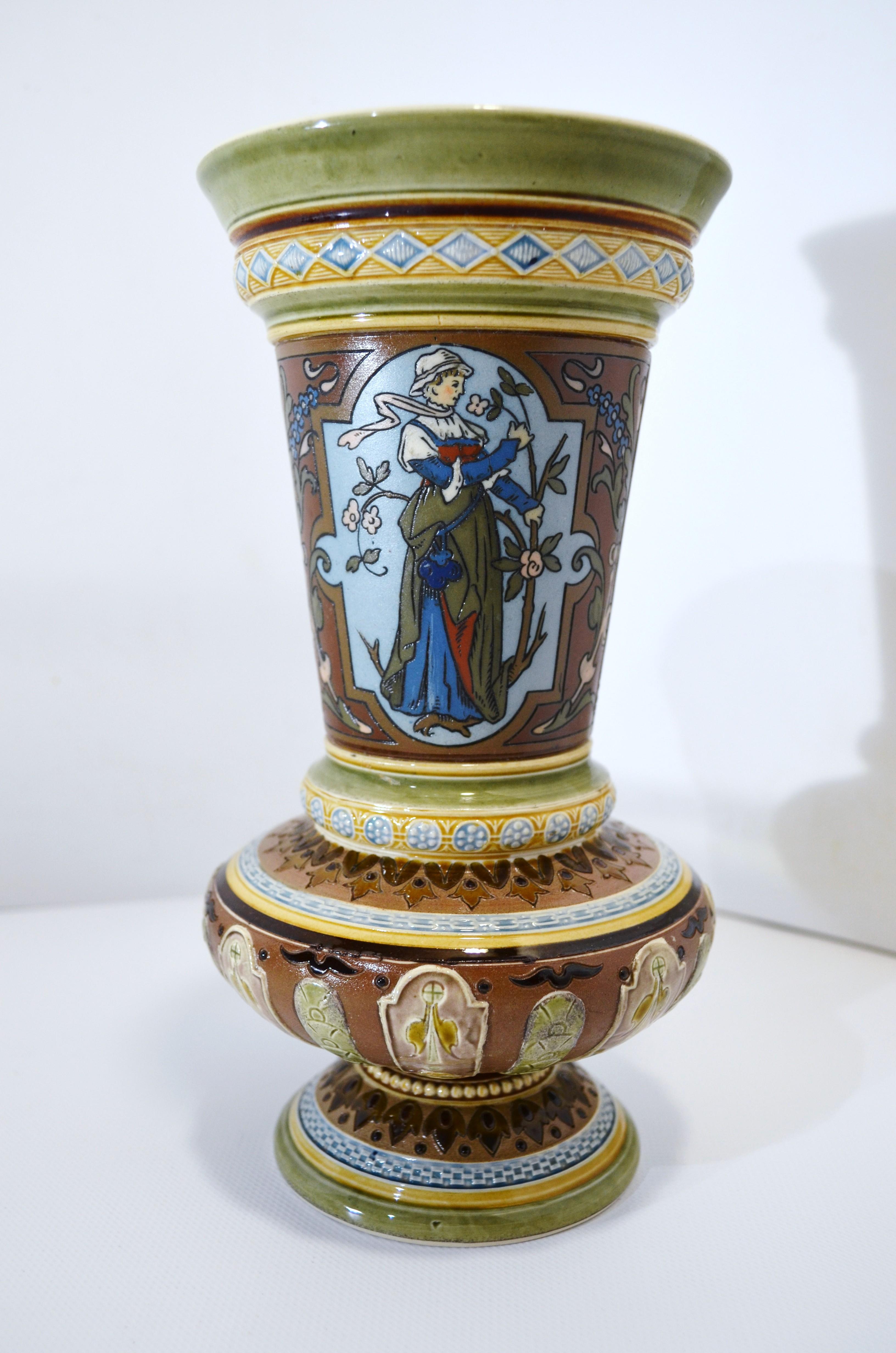 Belgian Villeroy and Boch Mettlach 1890 1900 Mosaic Ceramic Vase Decorated with Women For Sale