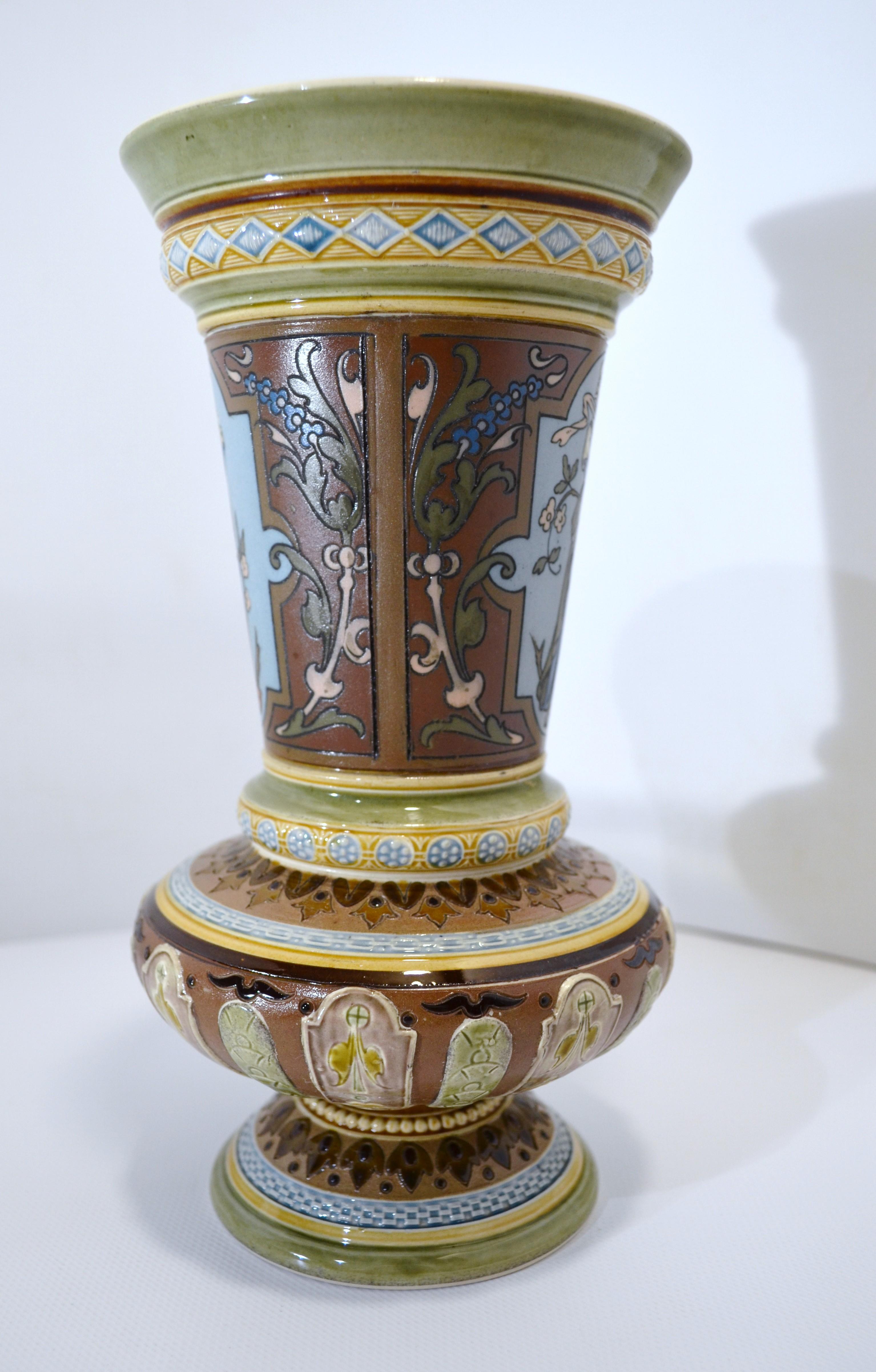 Engraved Villeroy and Boch Mettlach 1890 1900 Mosaic Ceramic Vase Decorated with Women