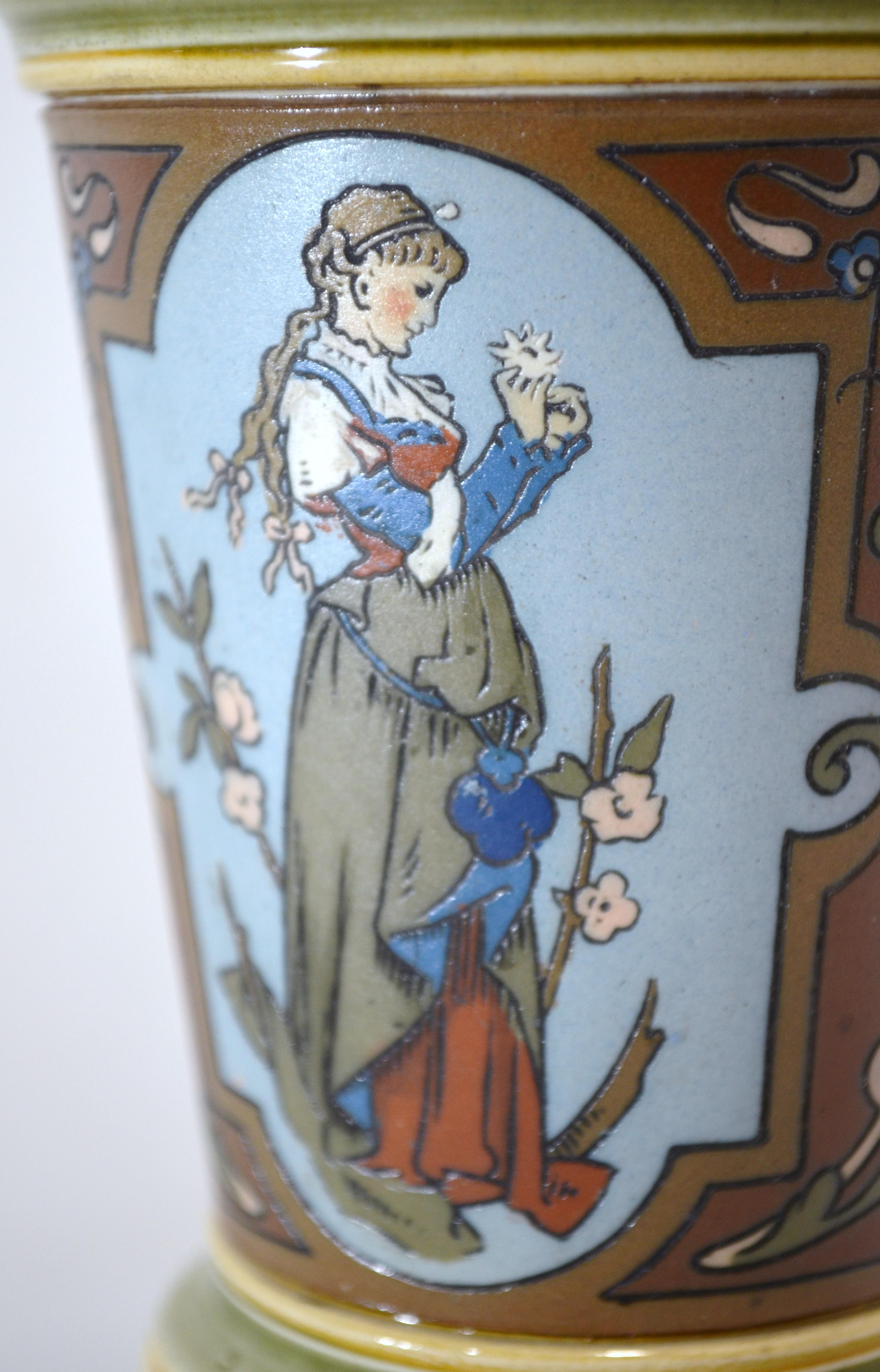 Villeroy and Boch Mettlach 1890 1900 Mosaic Ceramic Vase Decorated with Women For Sale 2