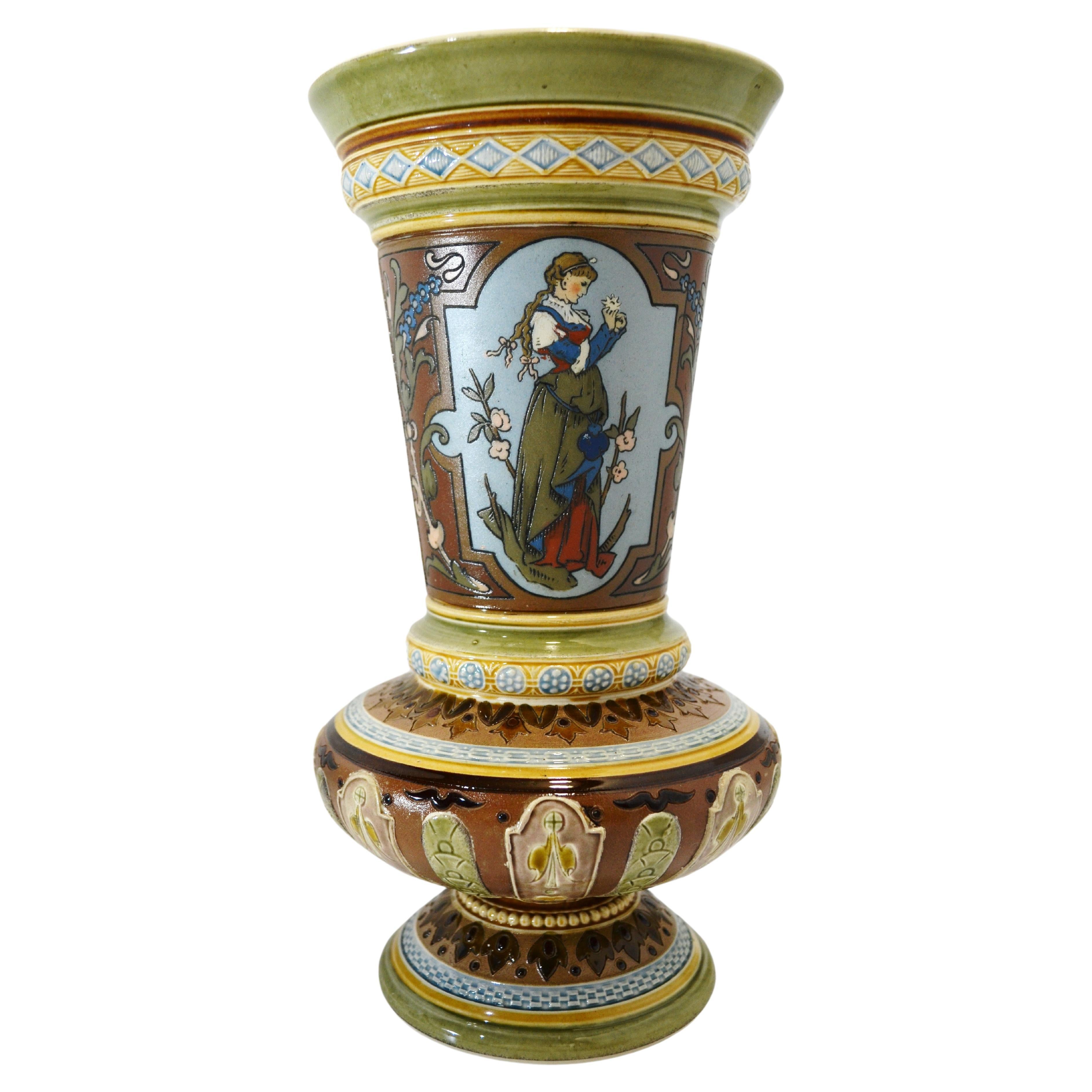 Villeroy and Boch Mettlach 1890 1900 Mosaic Ceramic Vase Decorated with Women For Sale