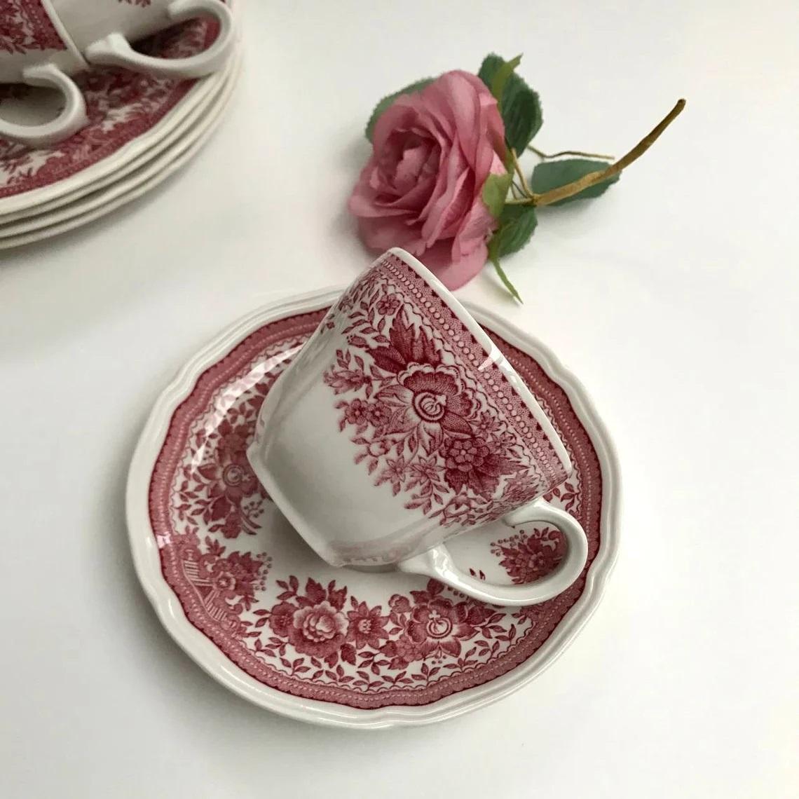 Mid-Century Modern Villeroy and Boch Red Fasan Porcelain Tea Dinner Set
